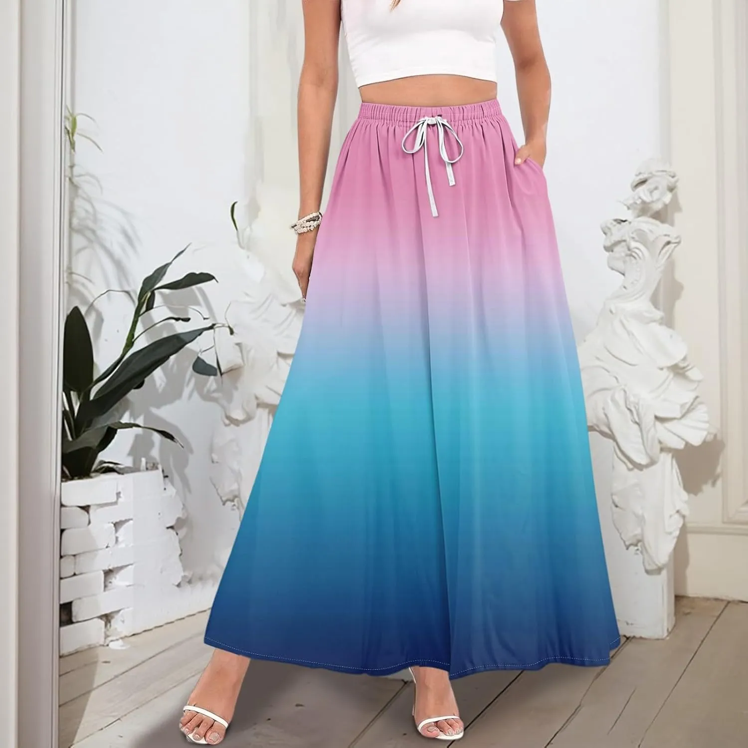 Flowy Maxi Skirts for Women Trendy Summer Casual Floral High Waisted Plus Size Long Boho Beach Skirt with Pockets