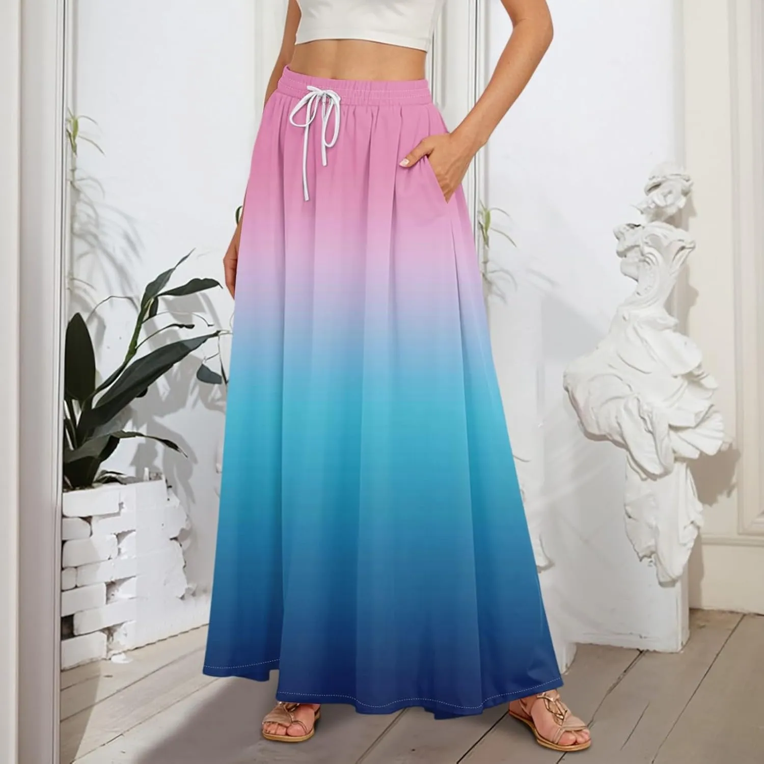 Flowy Maxi Skirts for Women Trendy Summer Casual Floral High Waisted Plus Size Long Boho Beach Skirt with Pockets