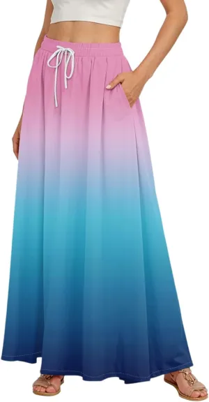 Flowy Maxi Skirts for Women Trendy Summer Casual Floral High Waisted Plus Size Long Boho Beach Skirt with Pockets
