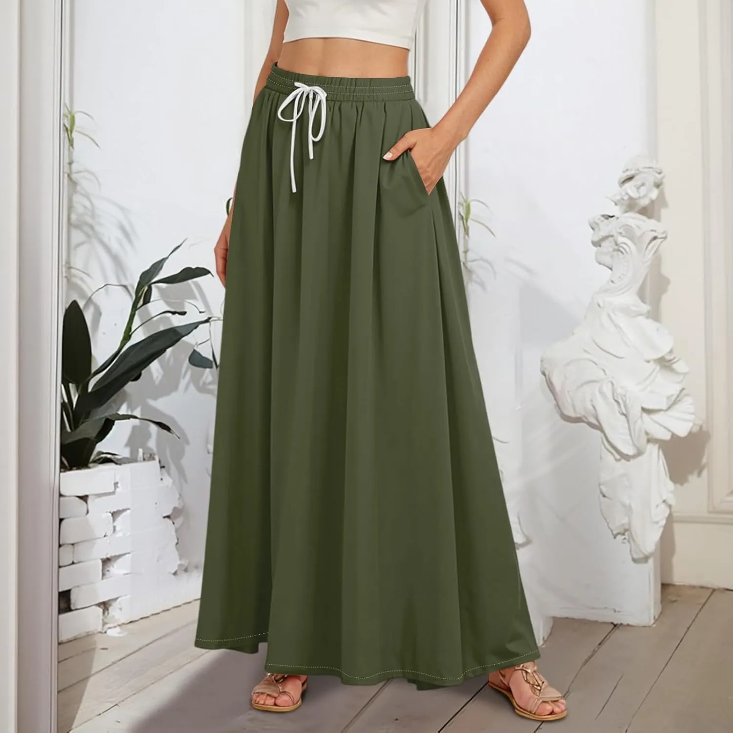 Flowy Maxi Skirts for Women Trendy Summer Casual Floral High Waisted Plus Size Long Boho Work Skirt with Pockets