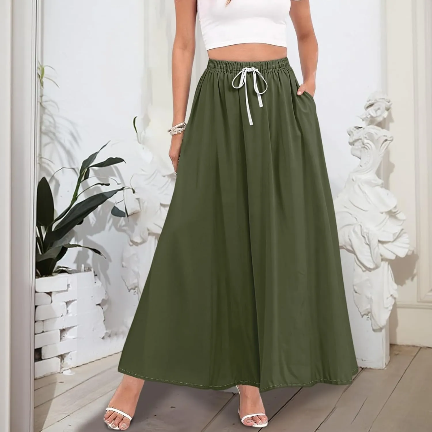 Flowy Maxi Skirts for Women Trendy Summer Casual Floral High Waisted Plus Size Long Boho Work Skirt with Pockets