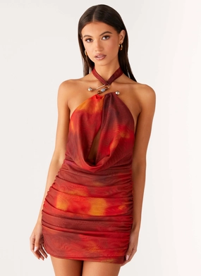 Midnight Ember Mini Dress - Scarlet Blur Mesh Soft Lightweight warm-weather dress
