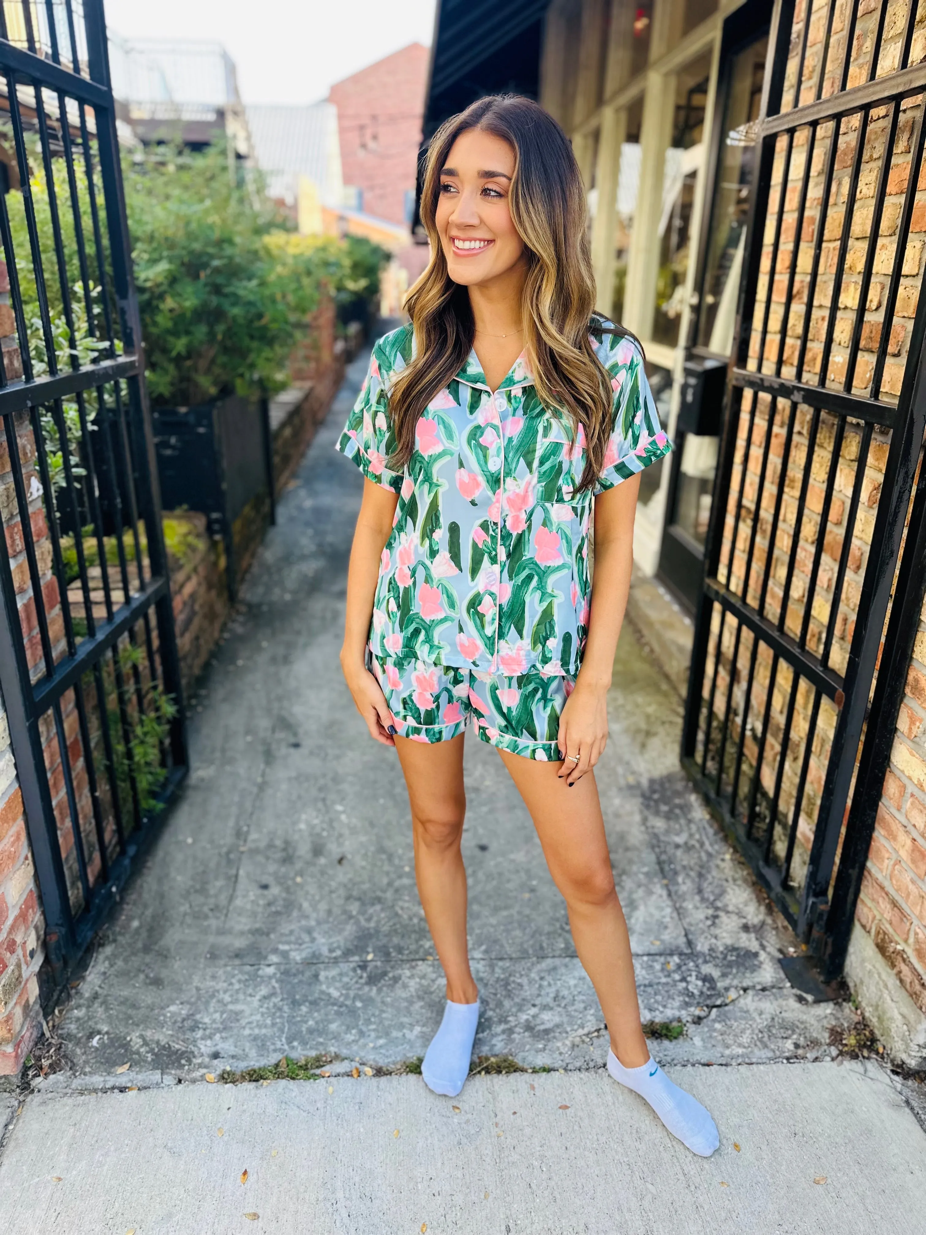 Fluid Tulips Satin Pajamas- Pink & Green