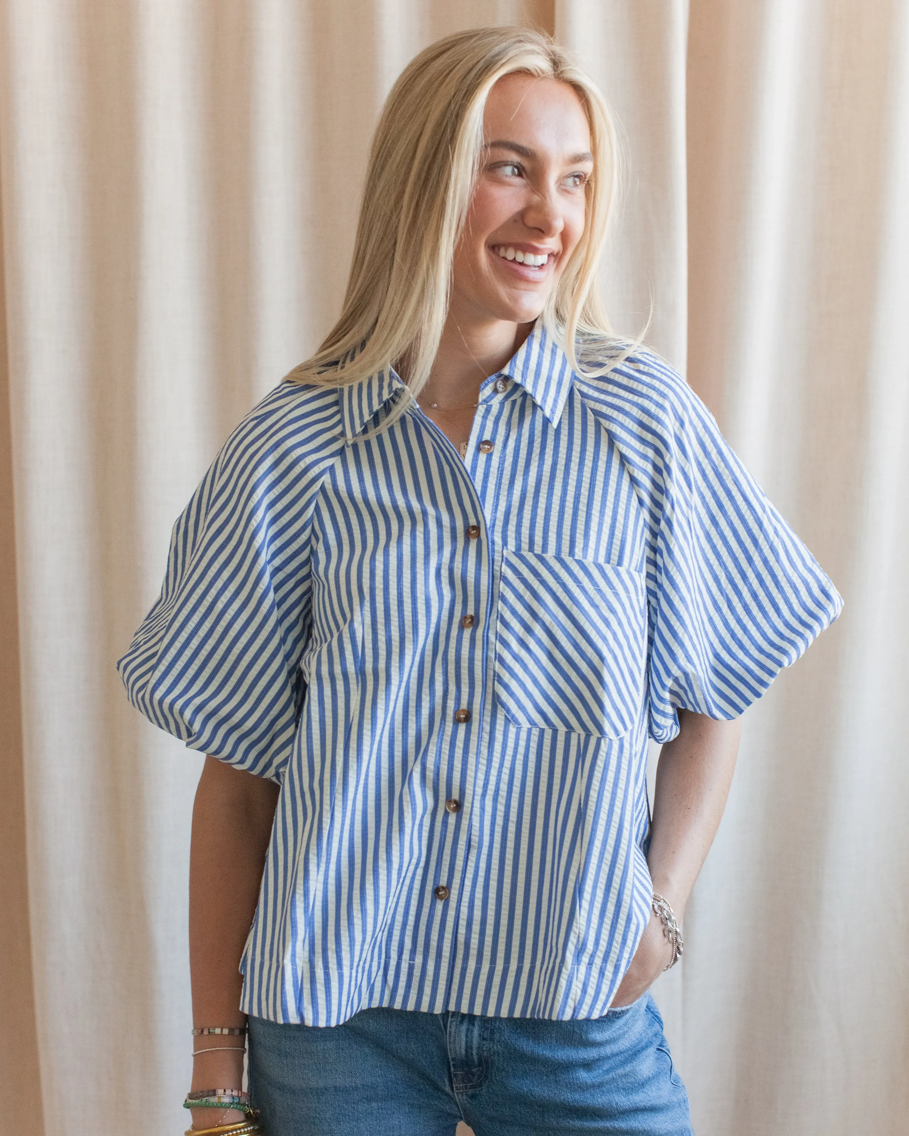 Casual Long Sleeve Flexible Knit Blend Sophie Pinstripe Blouse - Blue