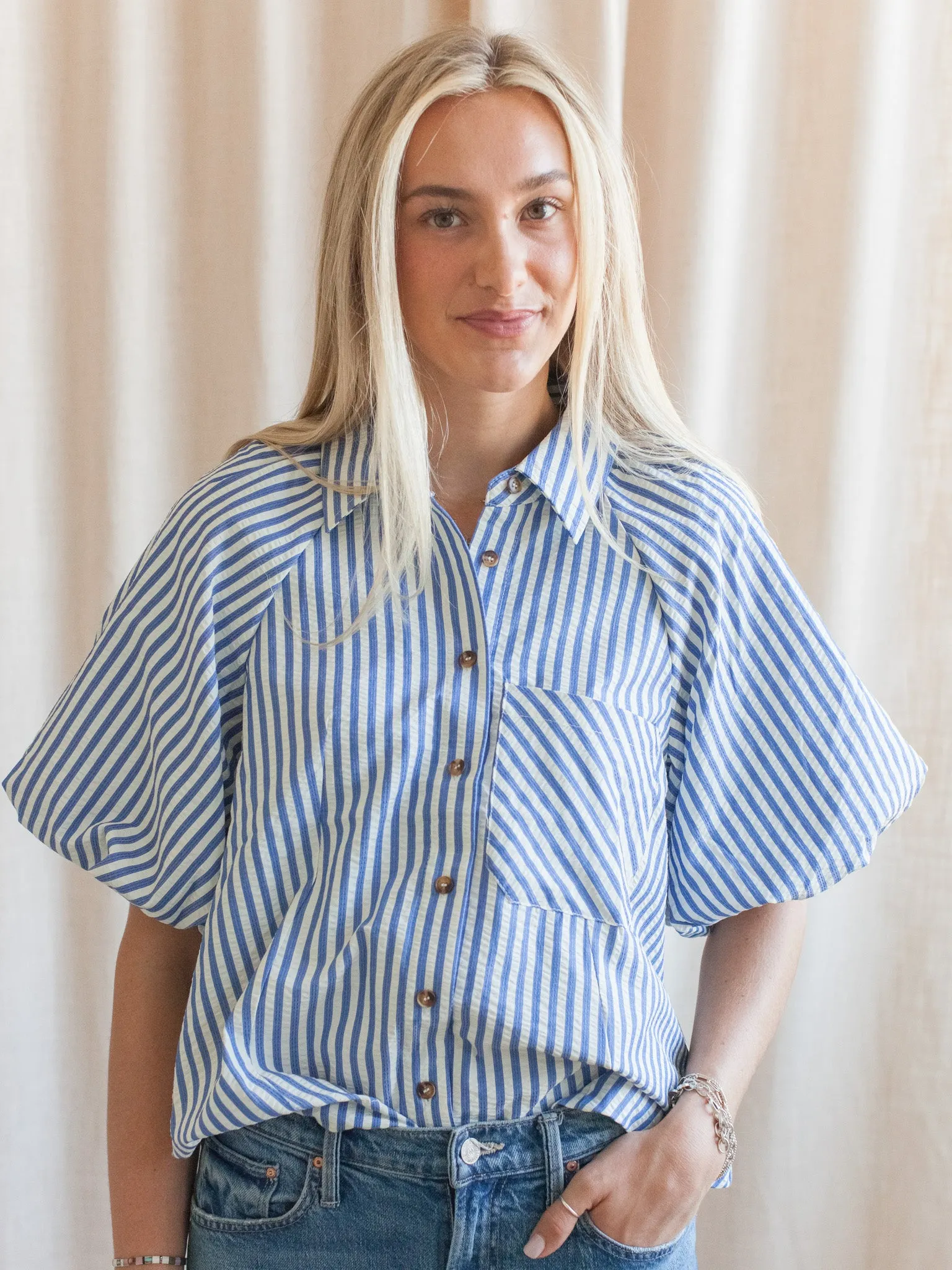 Sophie Pinstripe Blouse - Blue AirflowVents Four Way Stretch Material