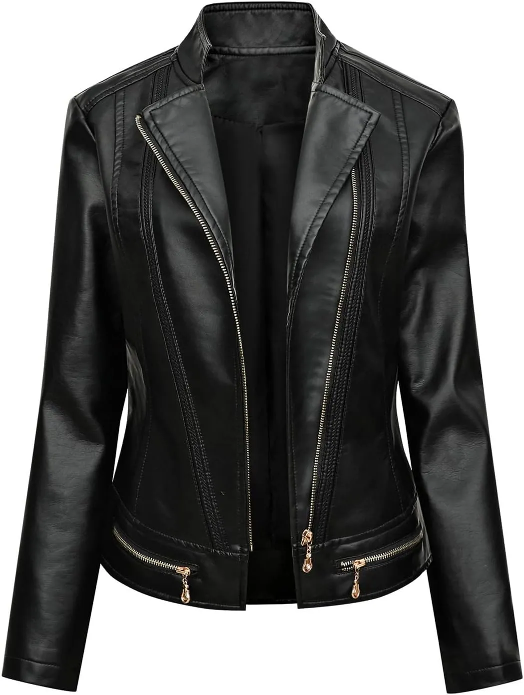 FMCHICO Women's Zipped Notch Collar Moto Biker Jacket Casual Short Coat Outwear