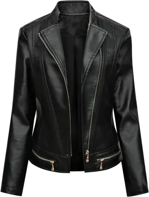 FMCHICO Women's Zipped Notch Collar Moto Biker Jacket Casual Short Coat Outwear