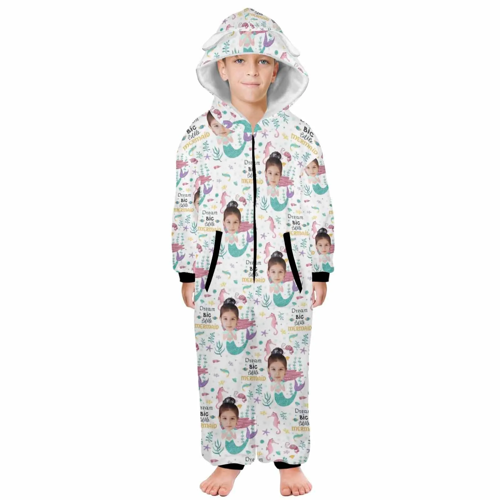 #For 2-15Y-Custom Face Mermaid Children's Coral Fleece Comfortable And Warm Zipper Onesie Pajamas One Piece Sleepwear