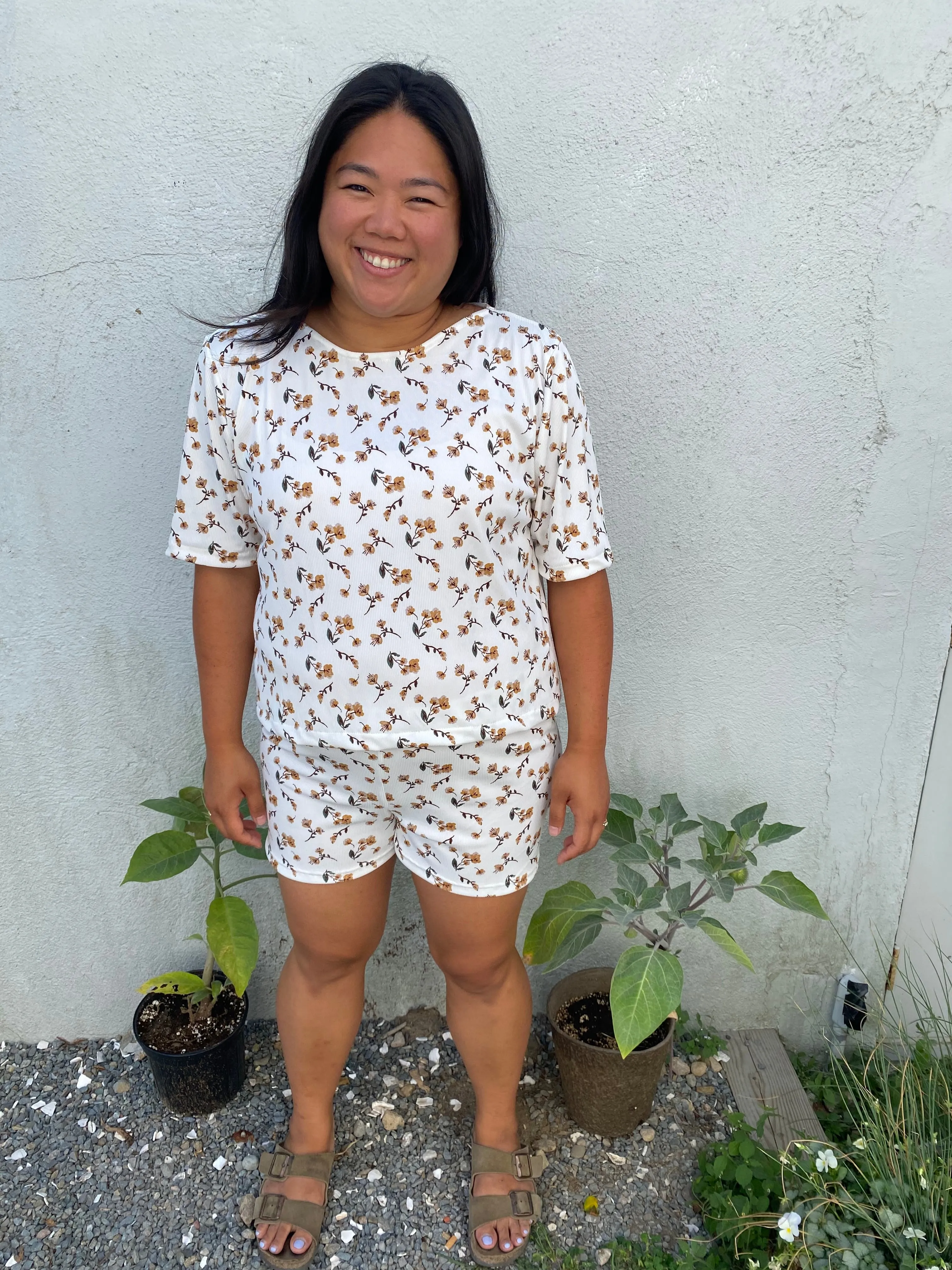 Forest White Floral Ribbed Top