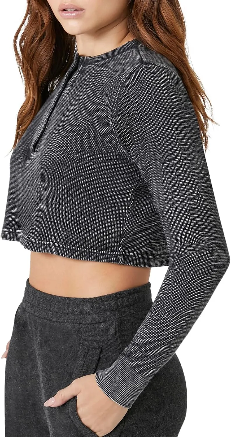 Forever 21 Women's Cotton Ribbed Cropped Henley Top