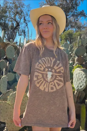 Giddy Up Graphic Tee - Mocha Drop Shoulder Design