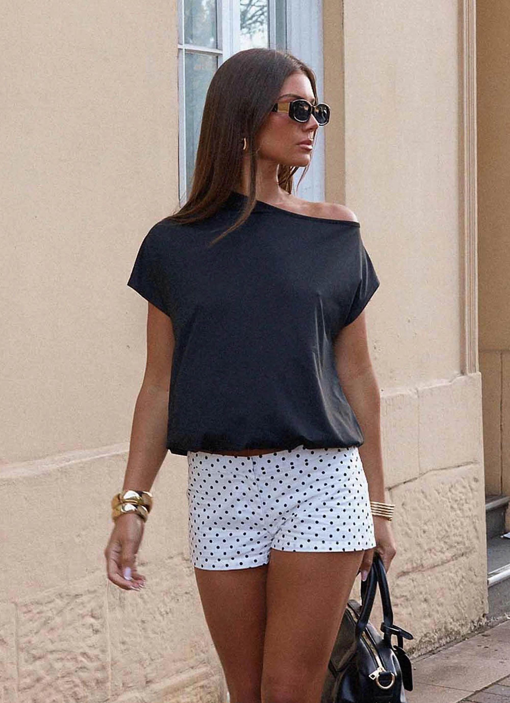 Raeni Off Shoulder Top - Black Sustainable Production Methods RibbedHemline