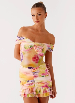 Draped Design Twist Front Frances Mini Dress - Sunburst Floral