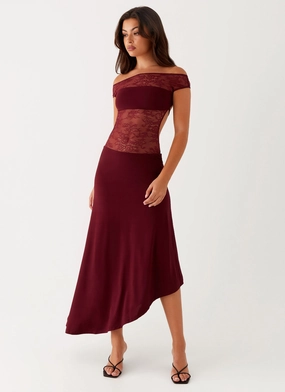 Smart Casual Bloom Soft Francoise Lace Midi Dress - Burgundy