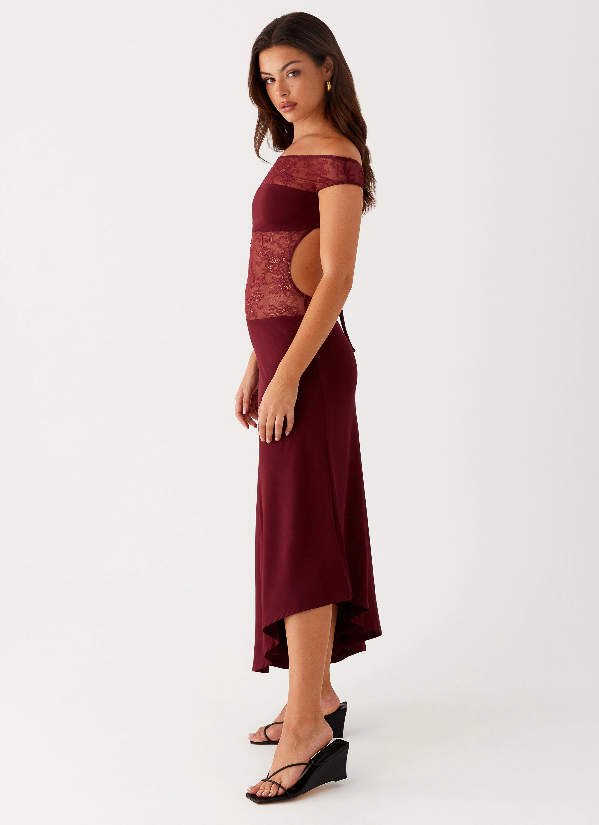 Knot-Detail Natural Fit Francoise Lace Midi Dress - Burgundy