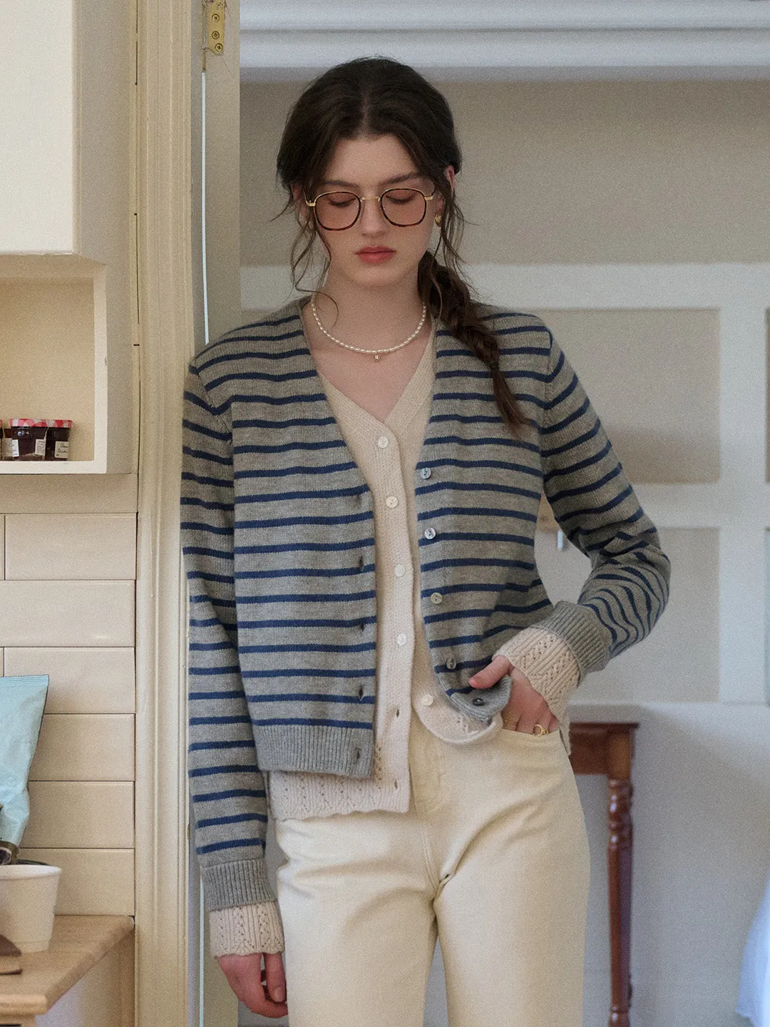 Trendy Cardigan Frankie V-Neck Stripe Wool Cardigan