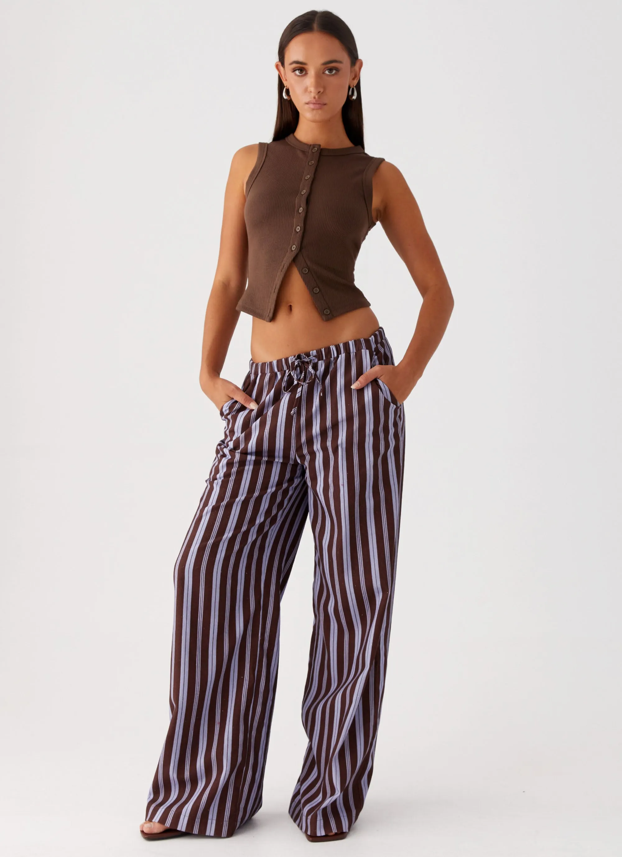 Warm Layer Fresh Face Linen Pants - Purple Brown Stripe