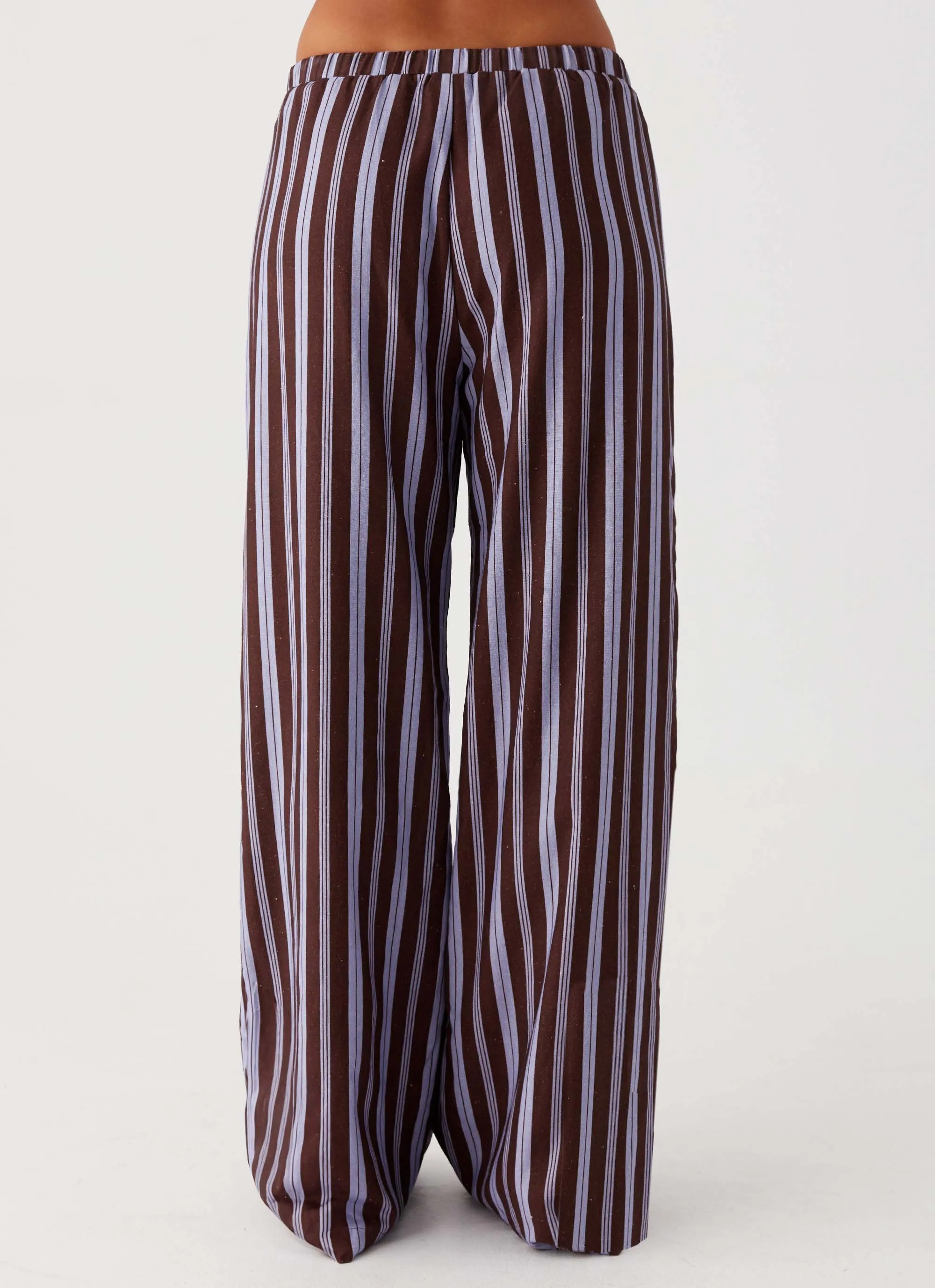 Easy Comfort Low Profile Waistband Fresh Face Linen Pants - Purple Brown Stripe