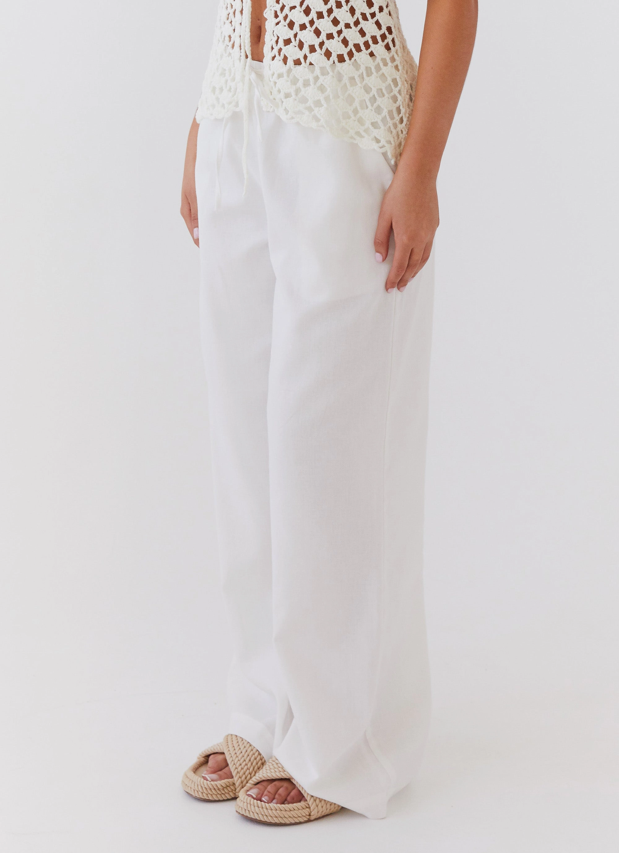Fresh Face Linen Pants - White Laser cut Basic Utility
