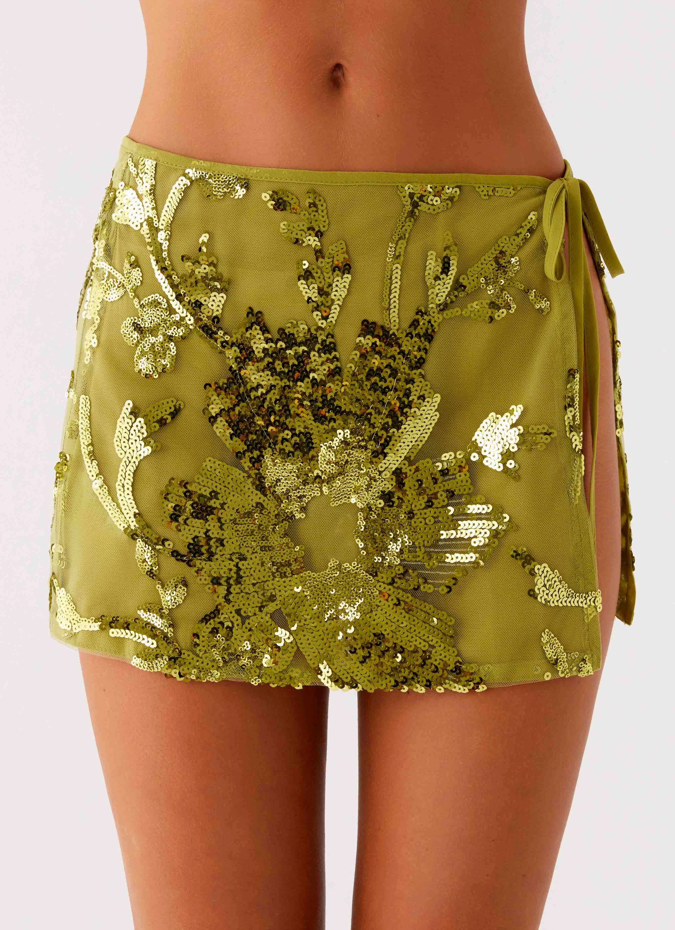 Cancun Sequin Mini Skirt - Lime Abstract Motif