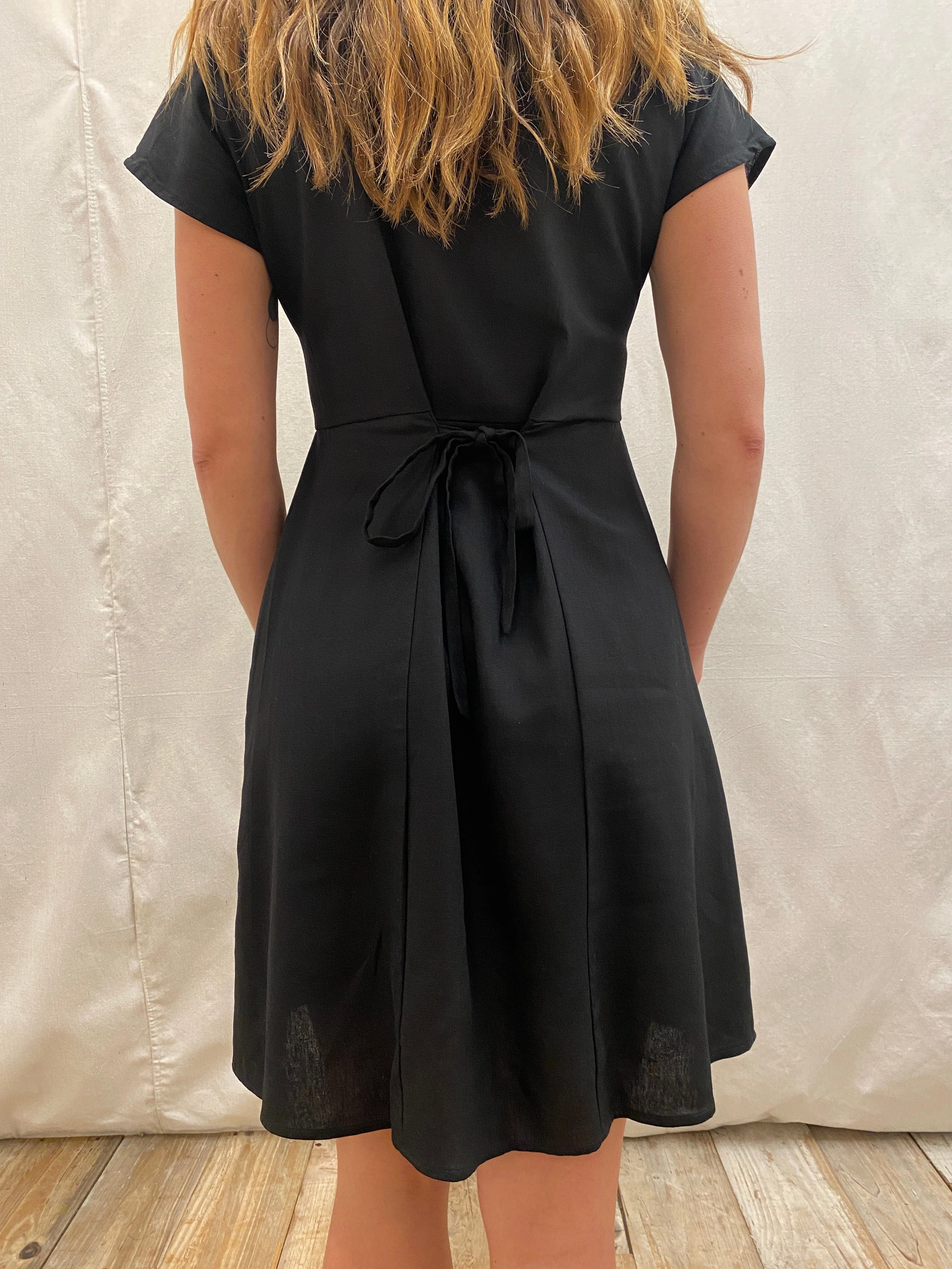 Dolman Dress in Black Linen Vibrant pattern loose silhouette