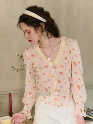 ??Final Sale??Laurel V-Neck Floral Blouse Breathable Mesh Back Bound Edges
