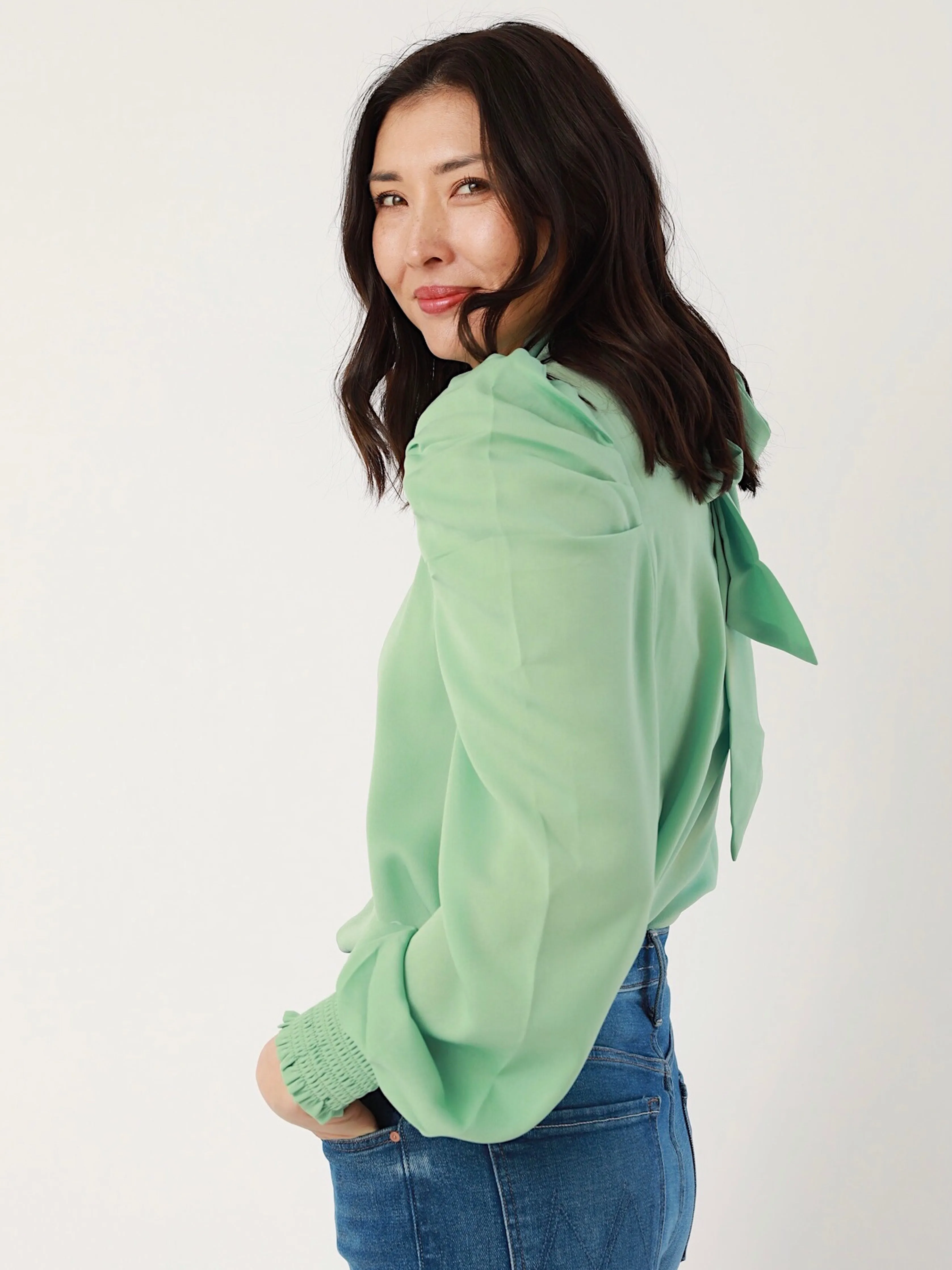 Seafoam Puff Sleeve Blouse Quick-Dry Fabric Bold Design