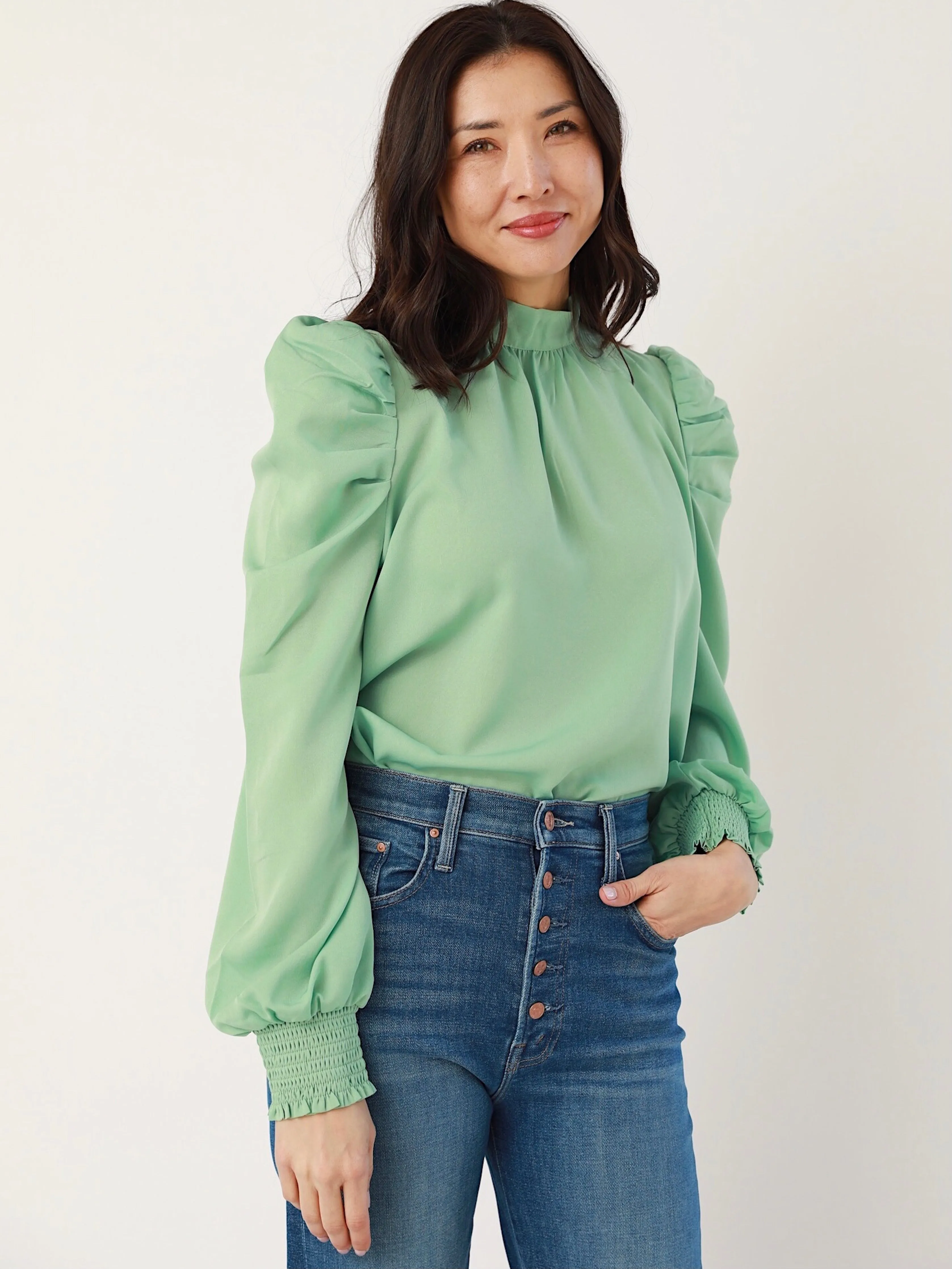 Seafoam Puff Sleeve Blouse wrinkle free finish NonIrritating Stitching