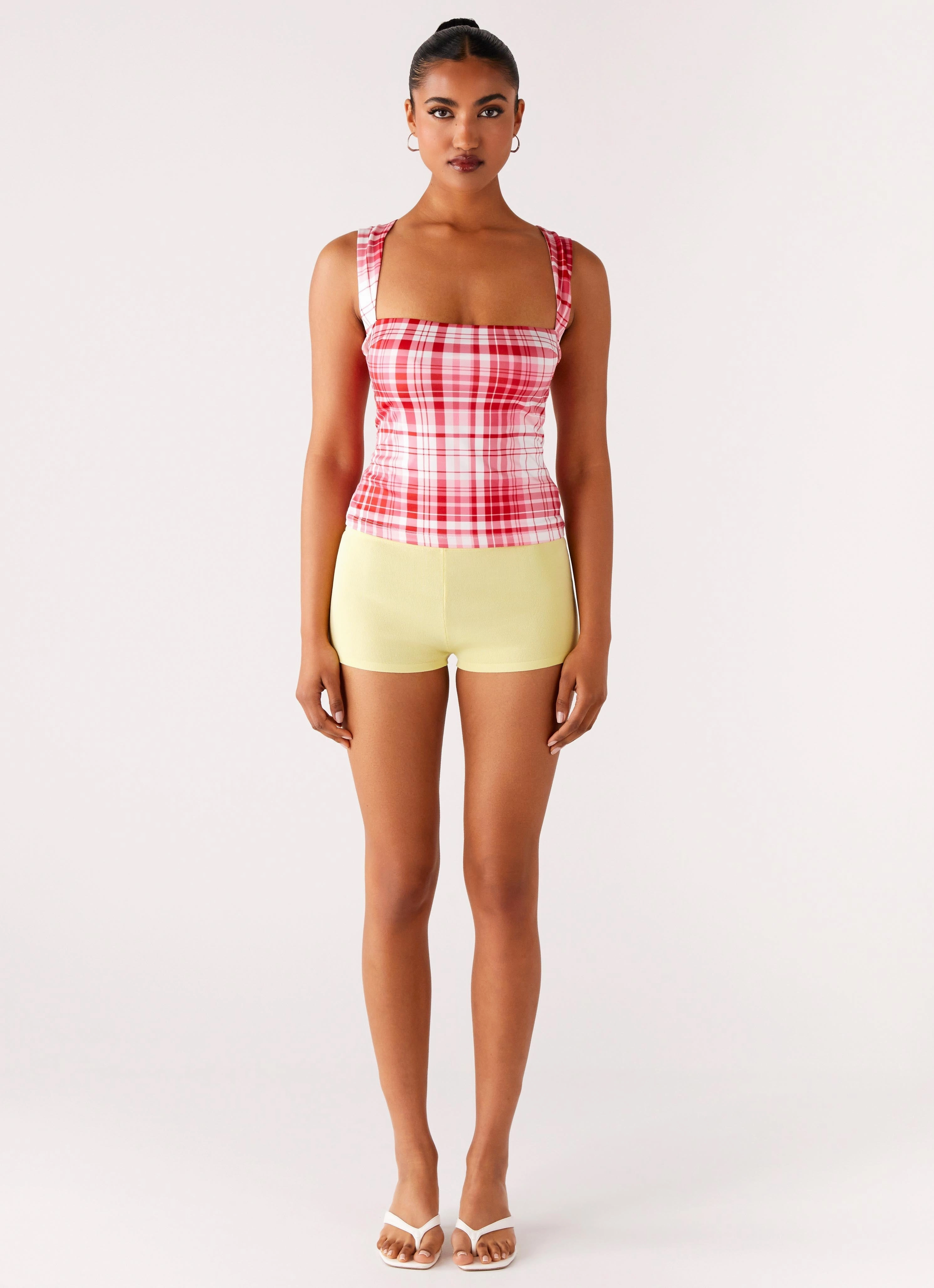 No Drama Strap Top - Pink Check Layered Hemline