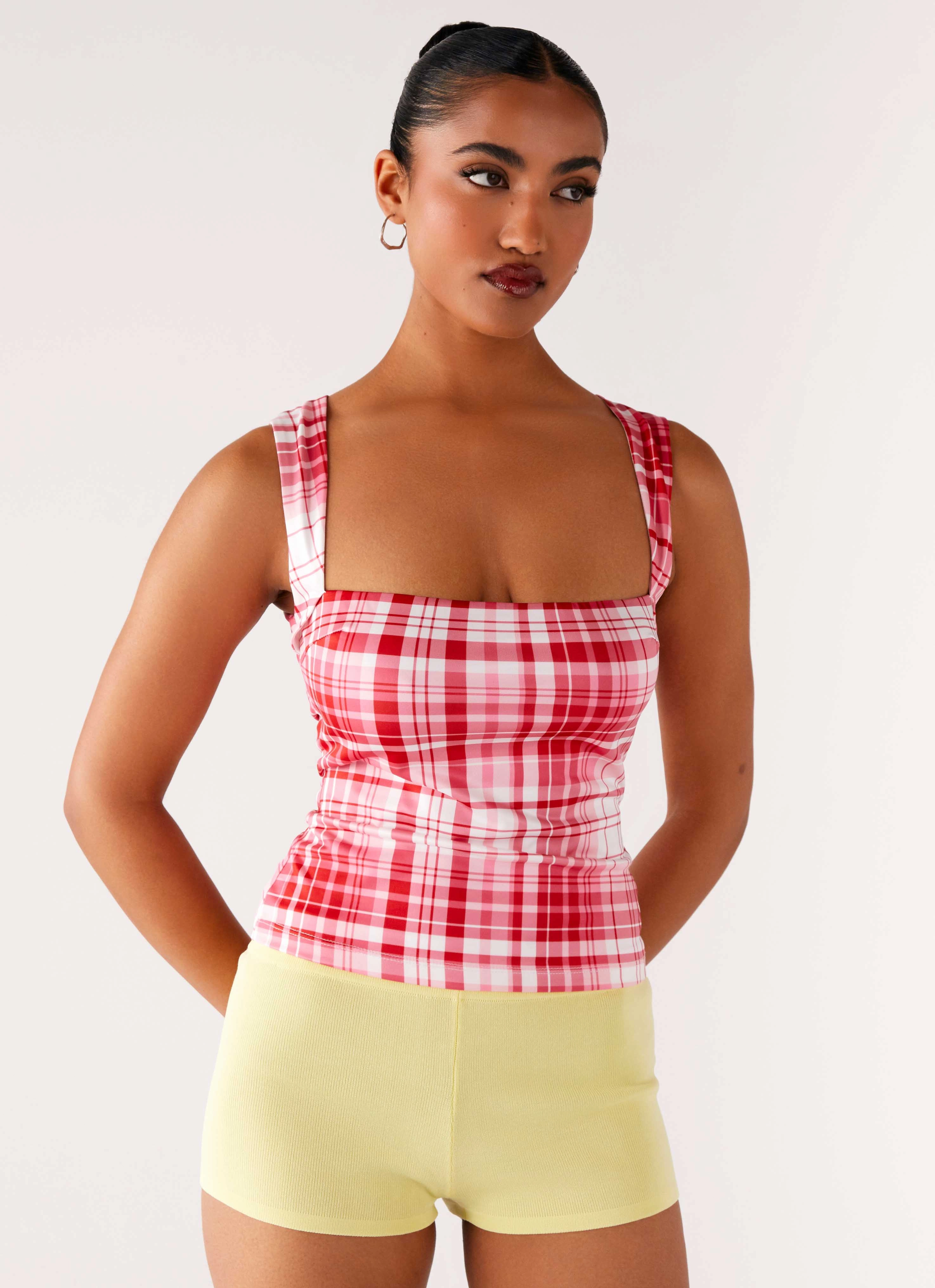 No Drama Strap Top - Pink Check FrenchTerry