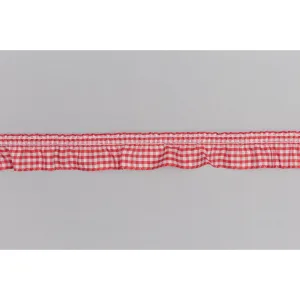 Frilled Gingham Ribbon Trim: Red: 25mm wide. Price per metre.