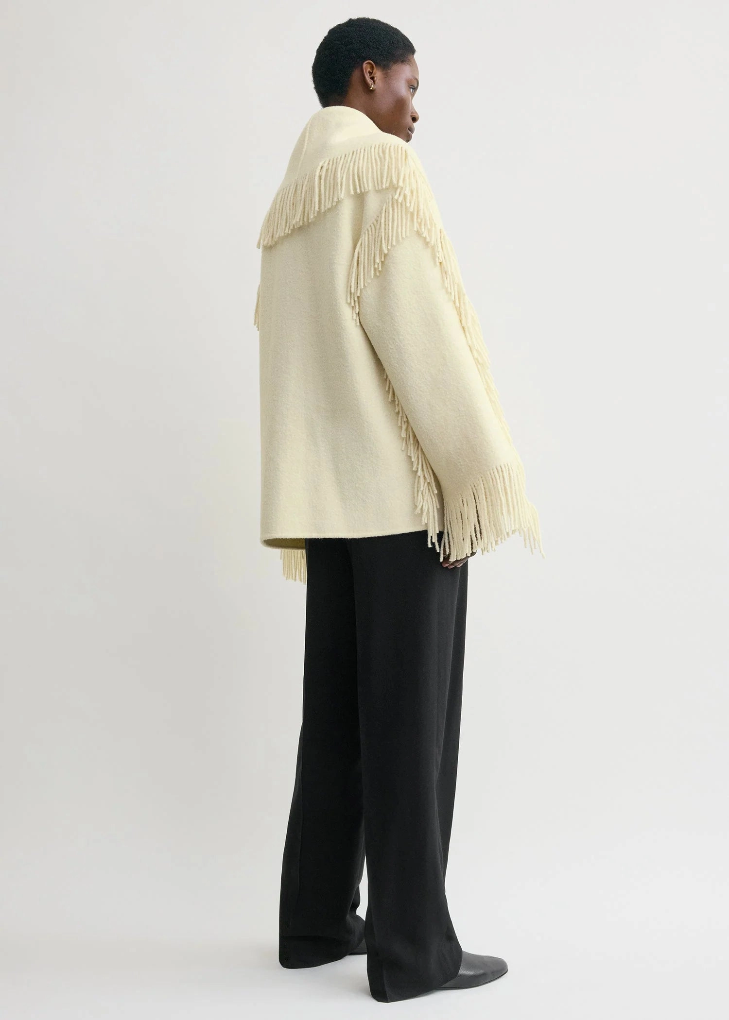 Protective Style Multi Pocket System Fringed Scarf Jacket in Winter White