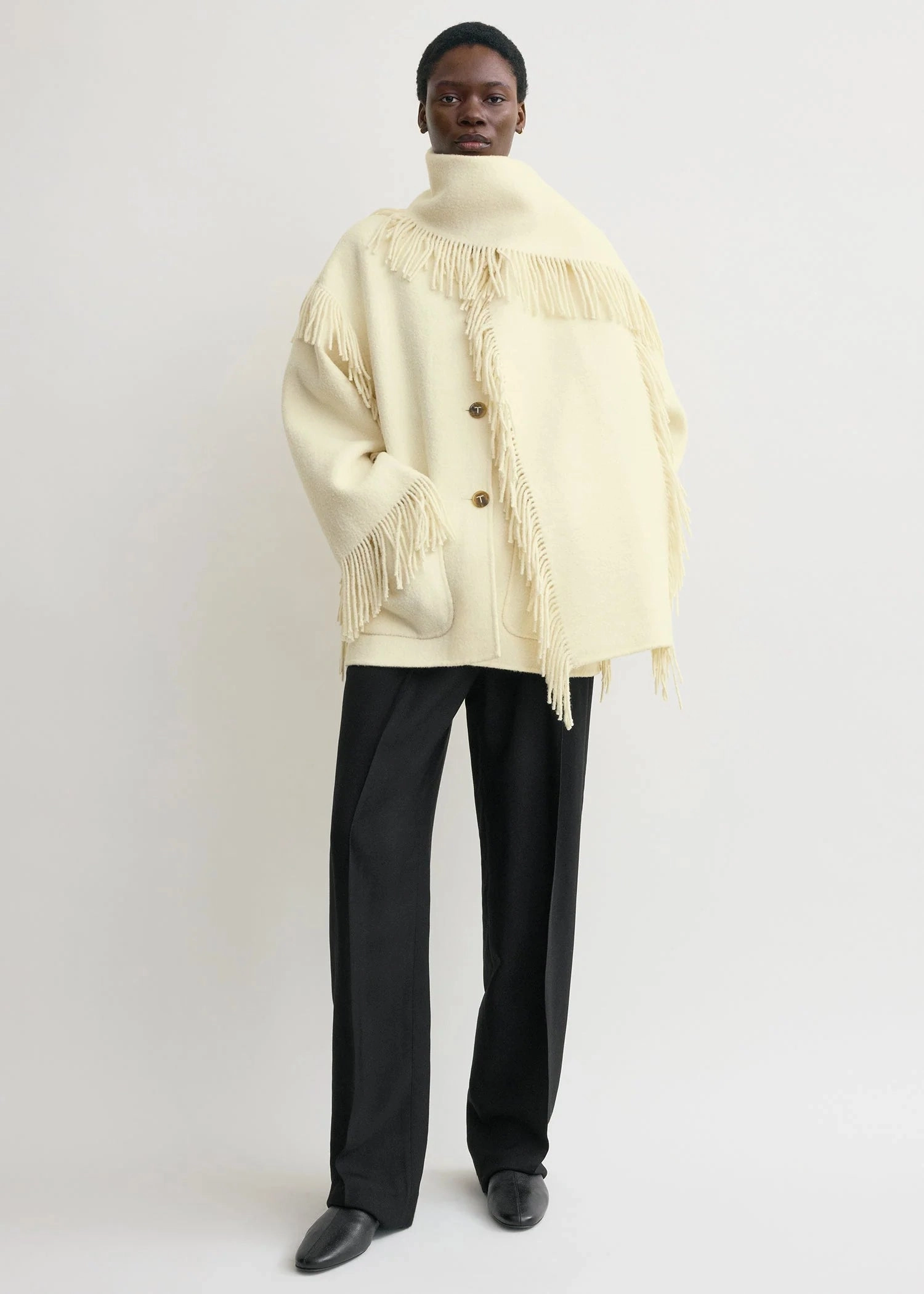 Fringed Scarf Jacket in Winter White Magnetic Closure System Mousse