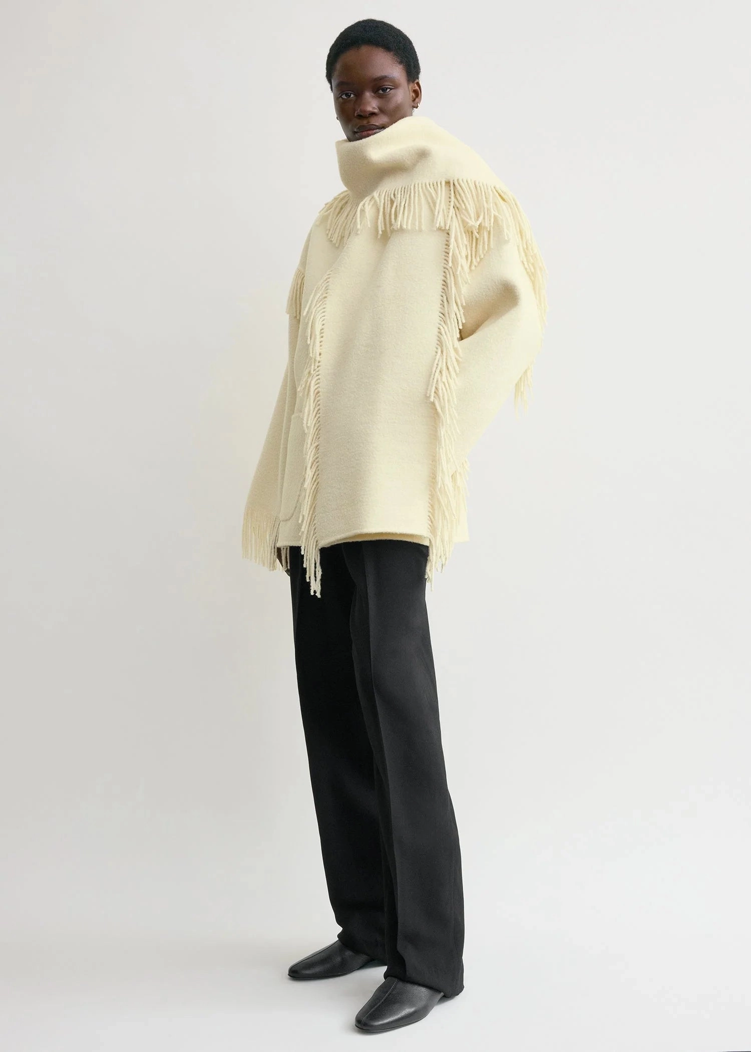 Custom short sleeved Fringed Scarf Jacket in Winter White