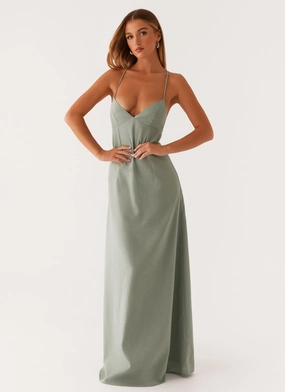 Frayed-Edge Perfect Length Middle Ground Linen Maxi Dress - Sage