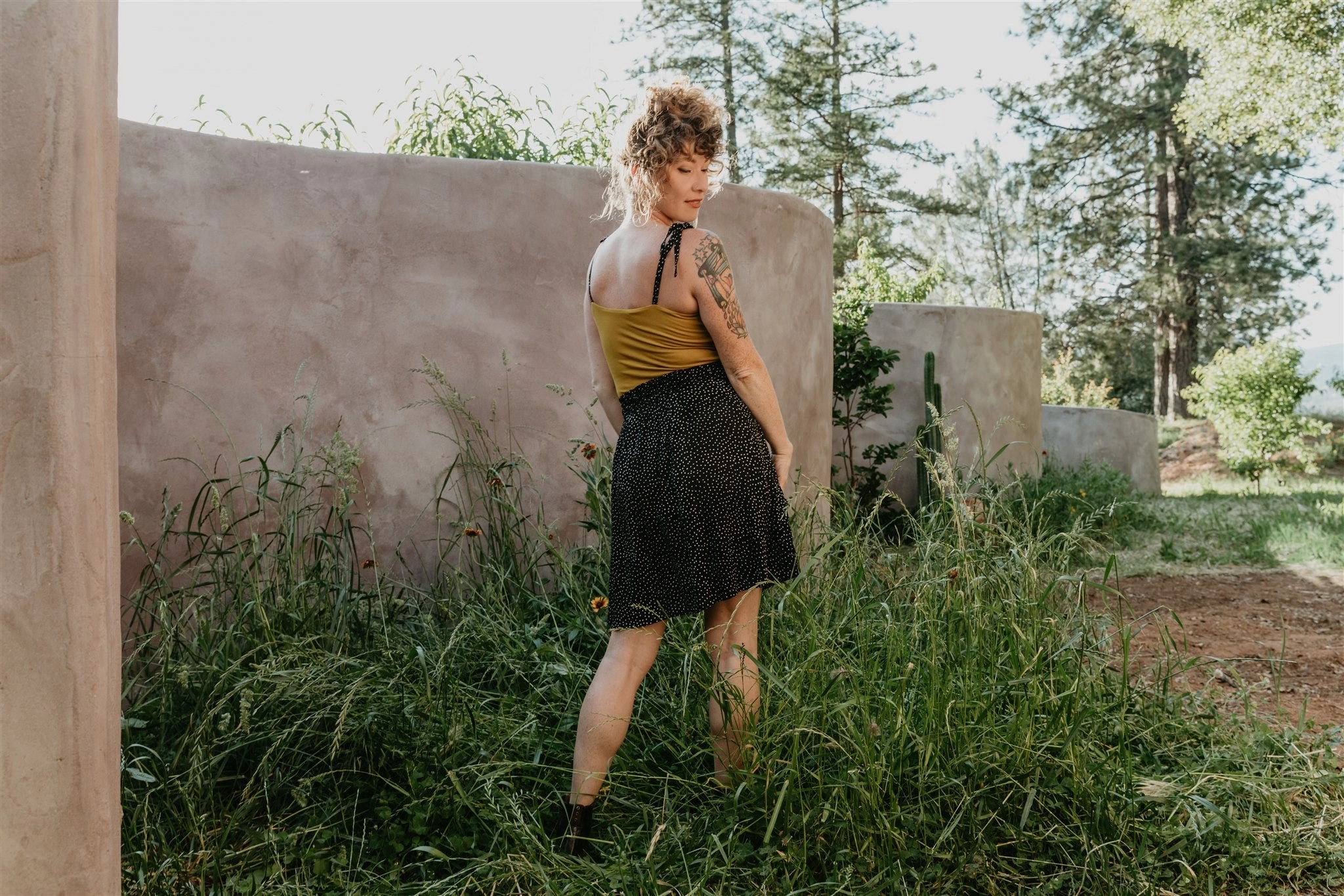 Contrast Trim Rah Rah Skirt in Black Polka Dot Challis