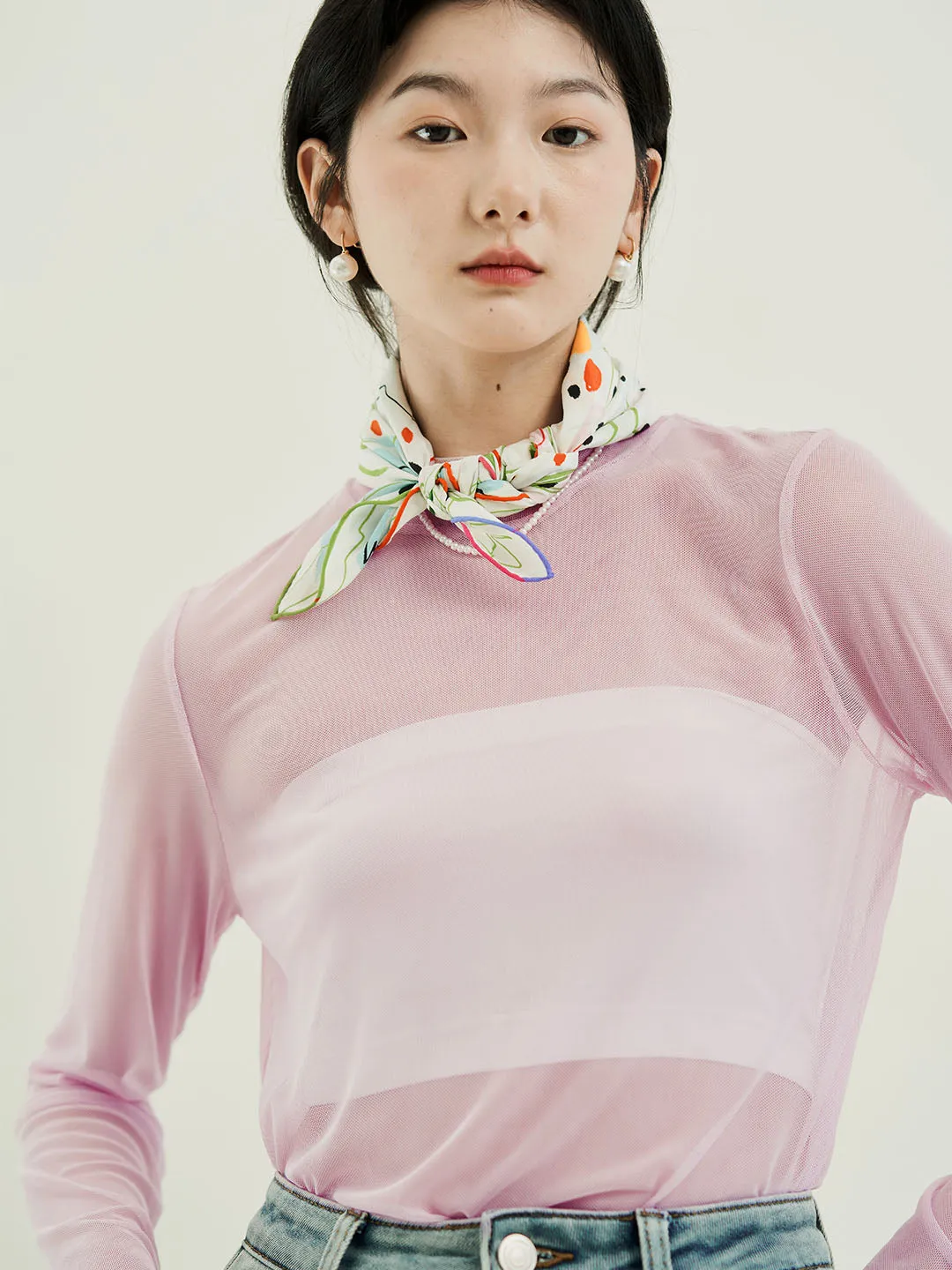 Stretchable Blend AntiStaticFabric Chowxiaodou Original Playful Printed Mesh Top