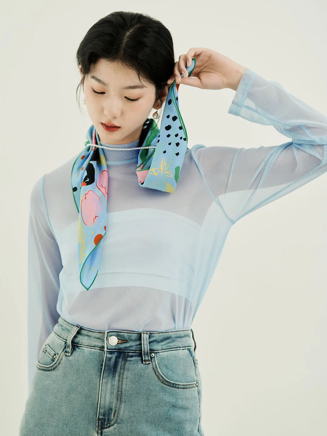 Chowxiaodou Original Playful Printed Mesh Top Drop Shoulder Sustainable Textile