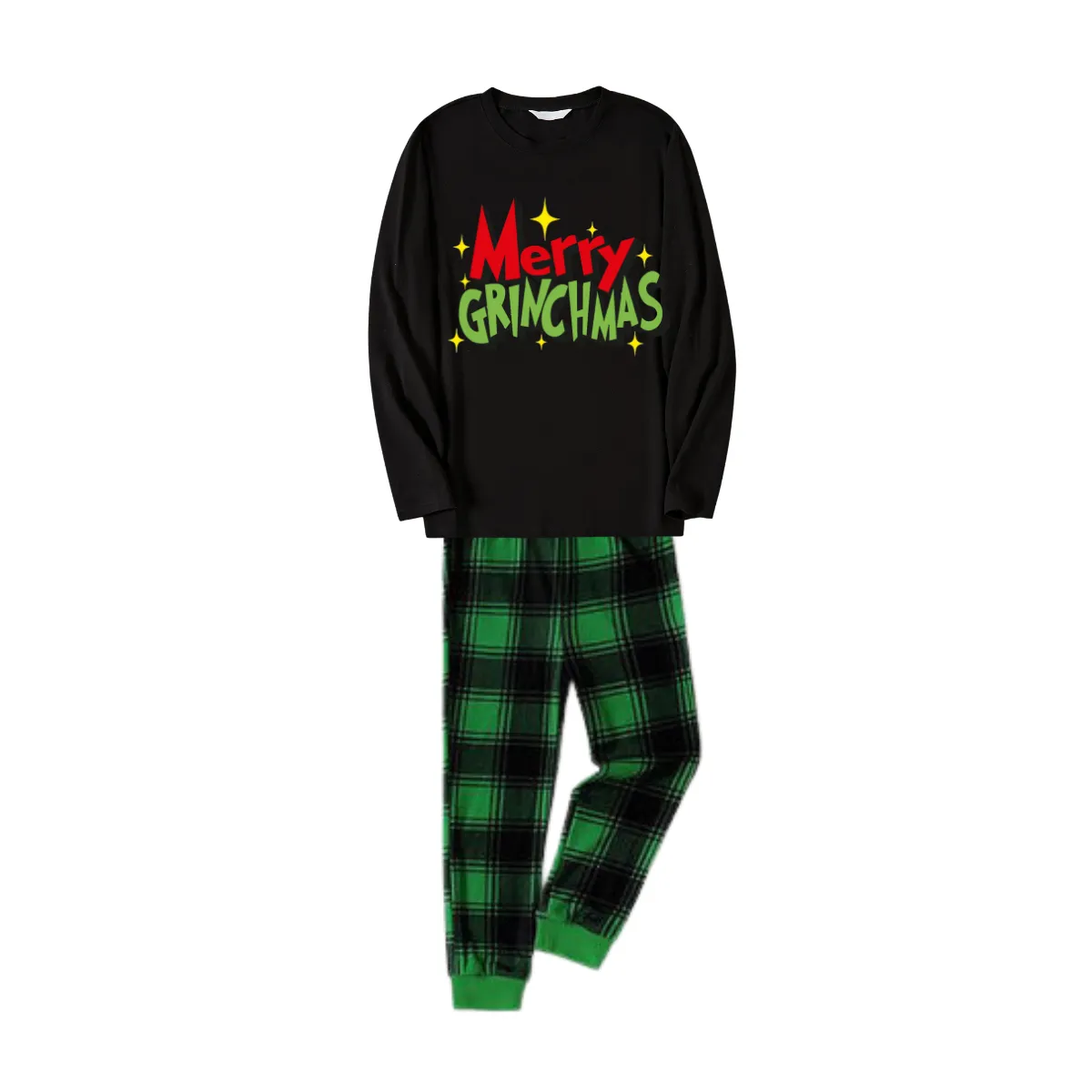 Funny Christmas Slogan Print Black Long Sleeve Top with Black And Green Plaid Pants Family Matching Pajamas