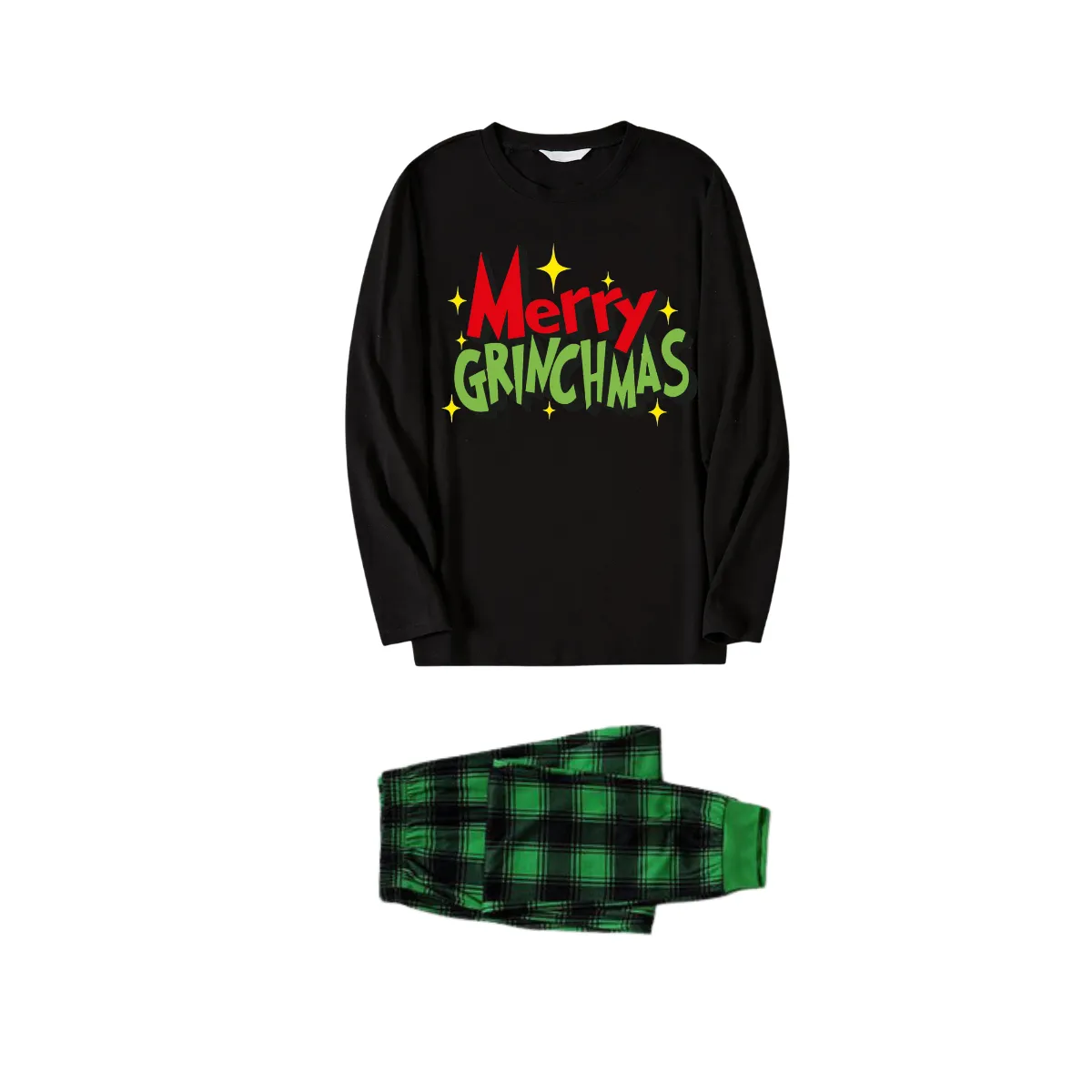 Funny Christmas Slogan Print Black Long Sleeve Top with Black And Green Plaid Pants Family Matching Pajamas