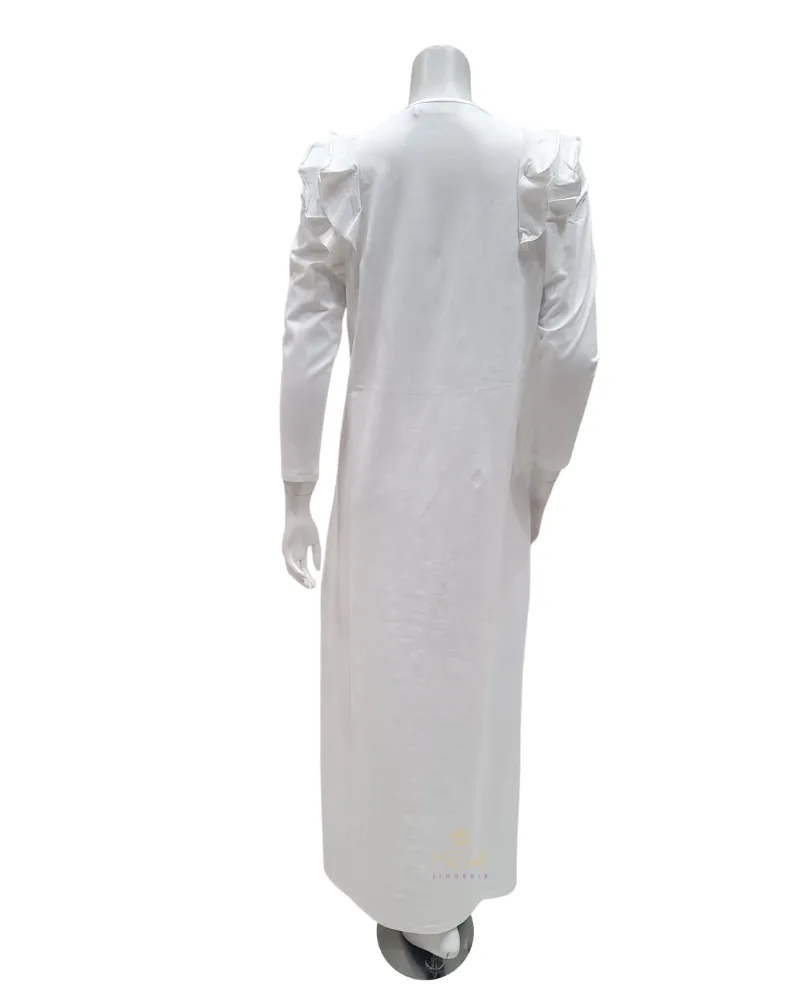FW21N27A White V Ruffle Button Down Cotton Nightgown