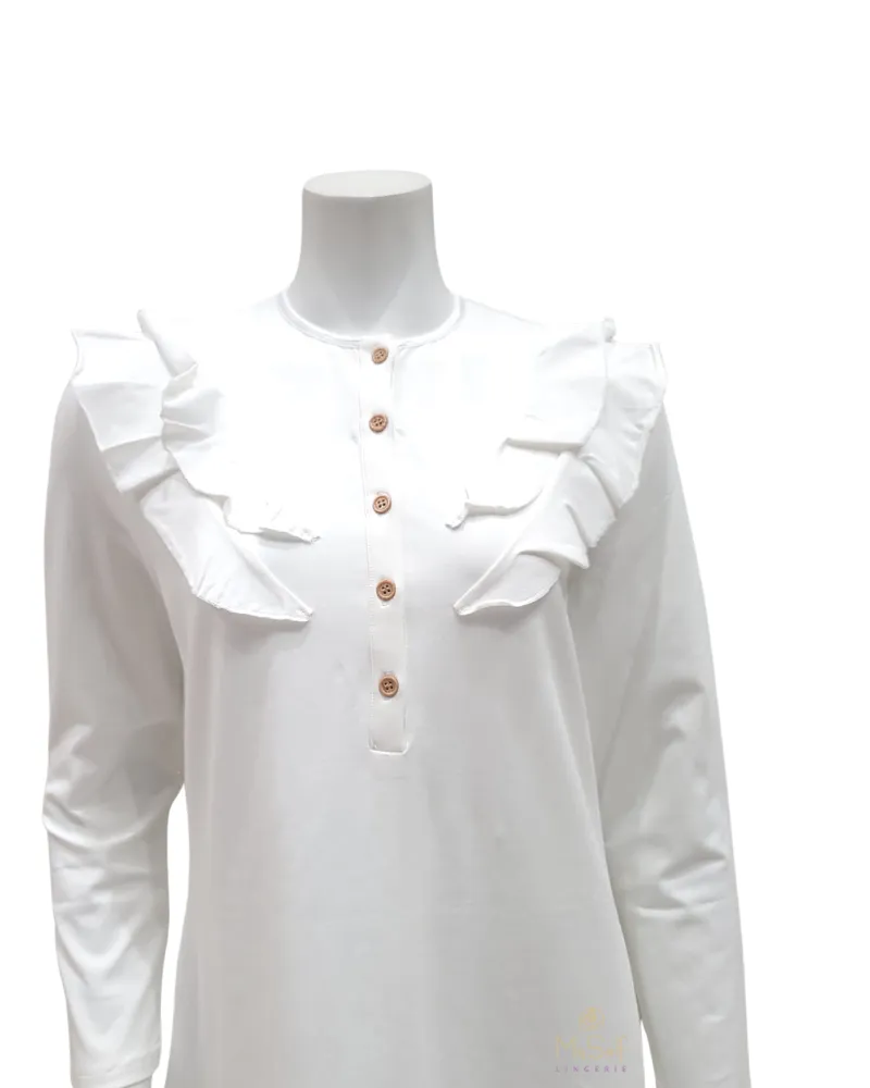 FW21N27A White V Ruffle Button Down Cotton Nightgown