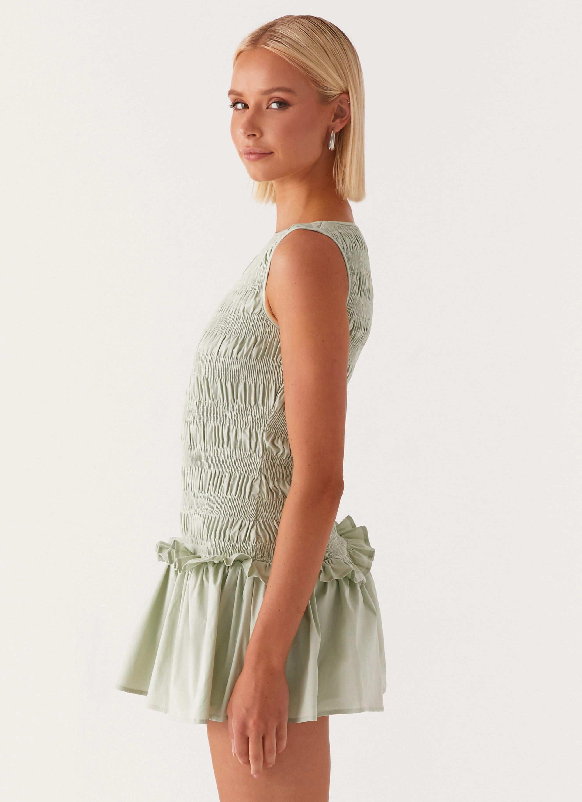Neat Mood Performance Wear Garden Kisses Shirred Mini Dress - Sage