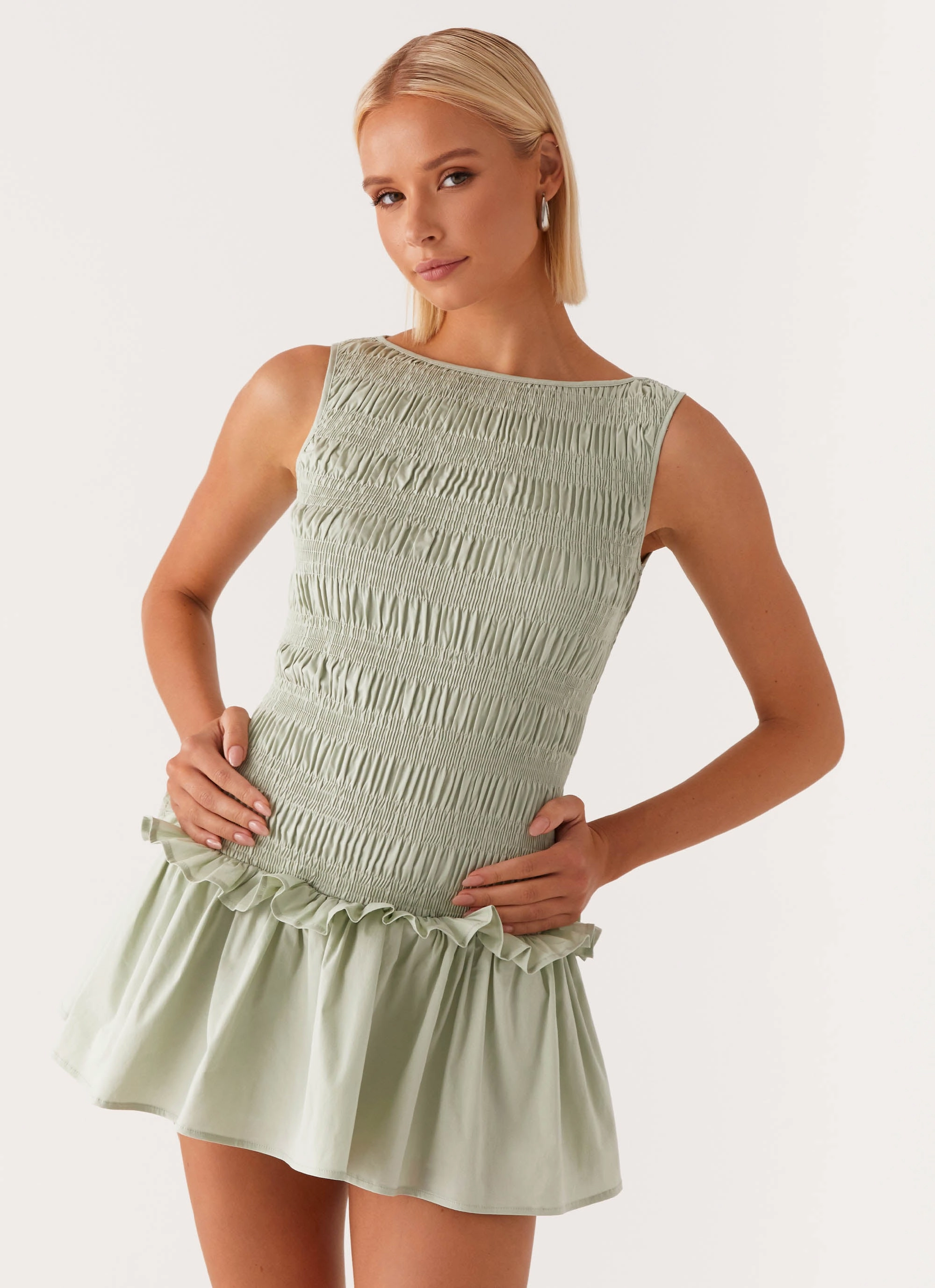 Garden Kisses Shirred Mini Dress - Sage Simple Styling Emerging Designer