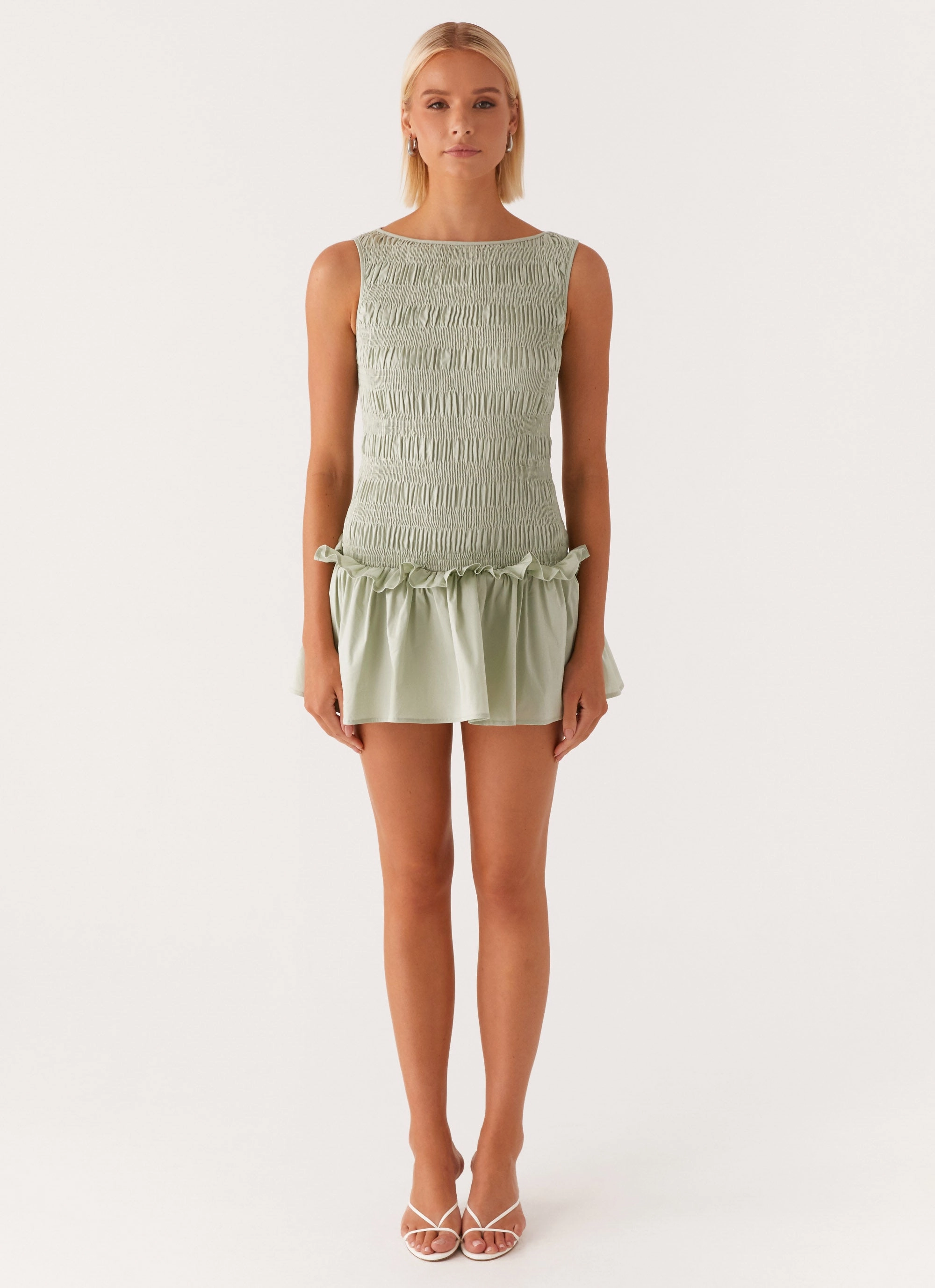 Garden Kisses Shirred Mini Dress - Sage Stretchy
