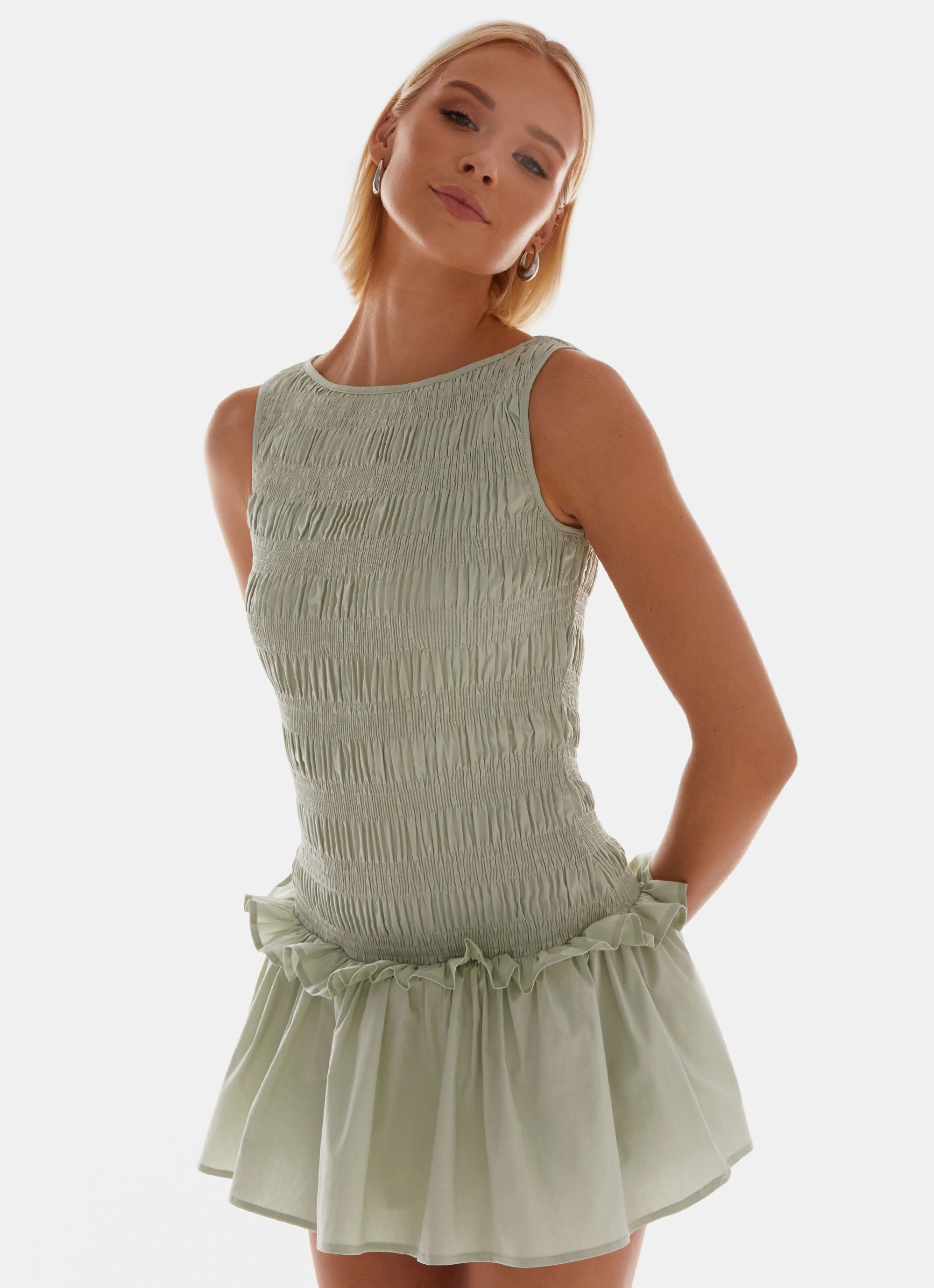Eco Friendly Dye Garden Kisses Shirred Mini Dress - Sage