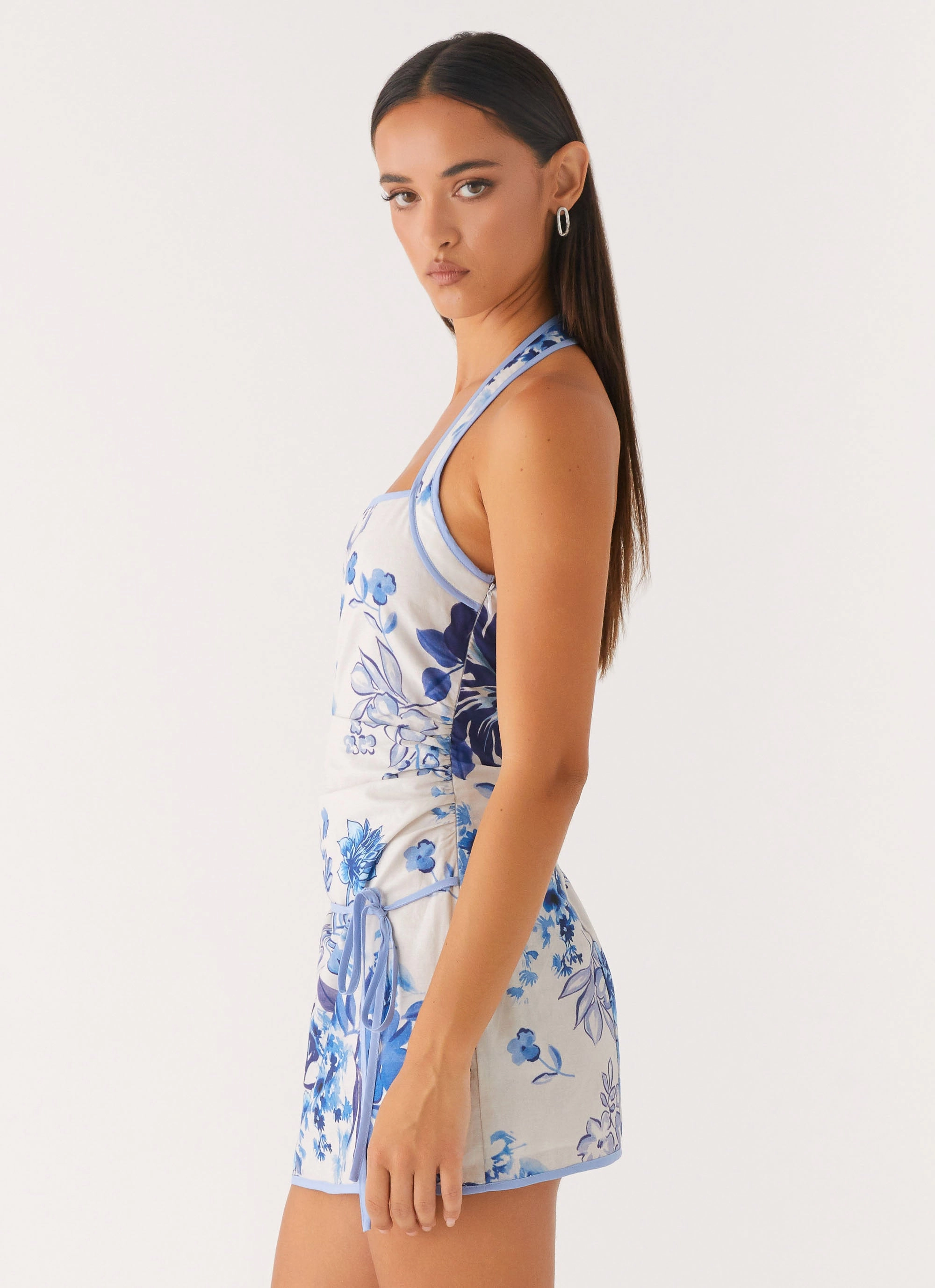 Garden Party Mini Dress - Serene Sky Floral High End Quality Relaxed Mood