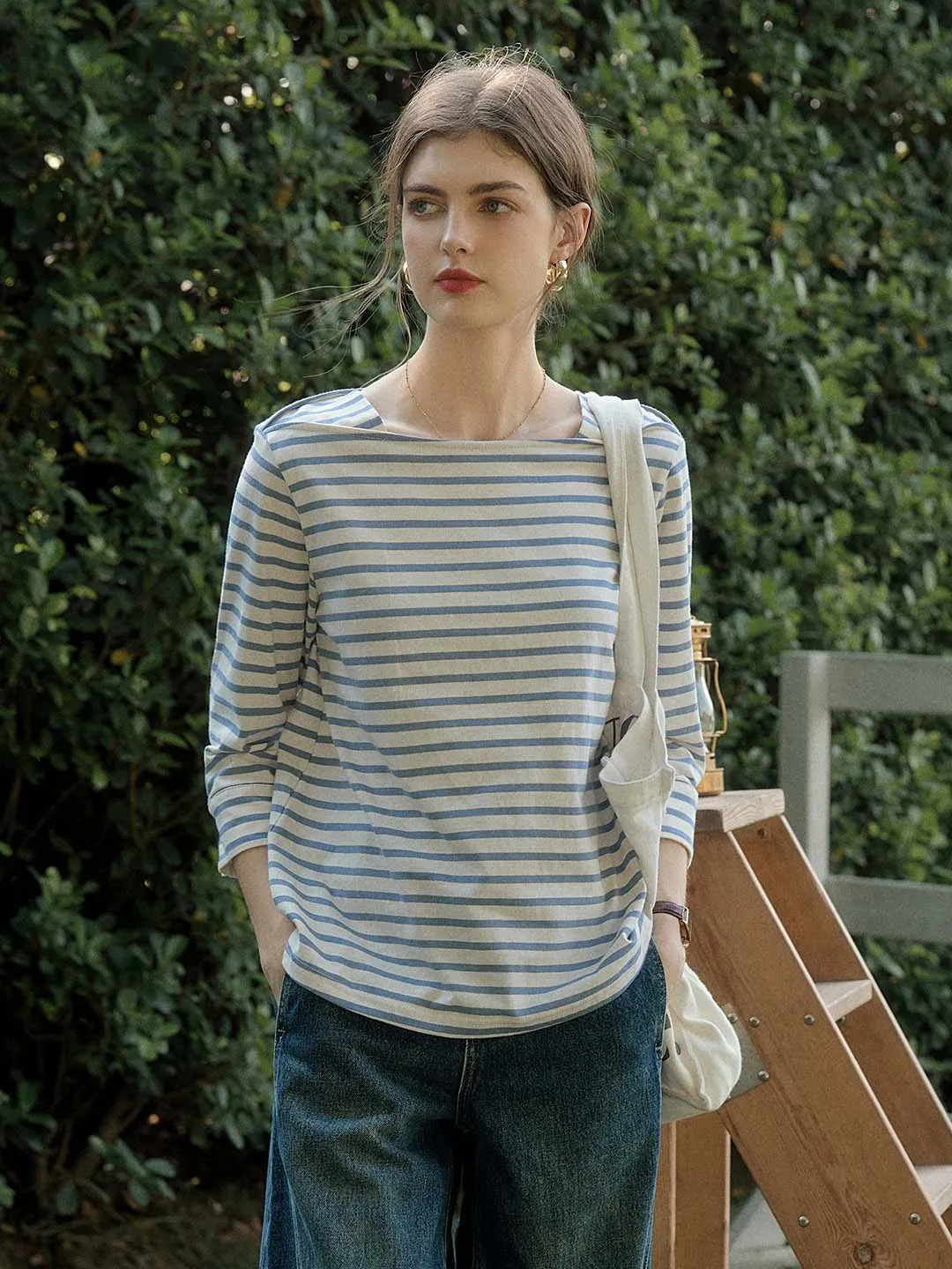 StaticResistant Material Aika Round Neck Striped 100% Cotton Top