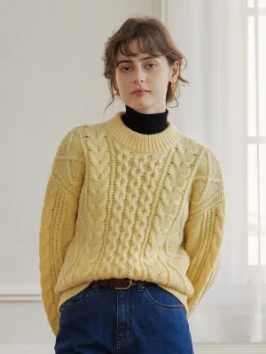 Flexible Knit Fabric ??Final Sale??Raina Cable Yellow Irish Knit Wool Sweater