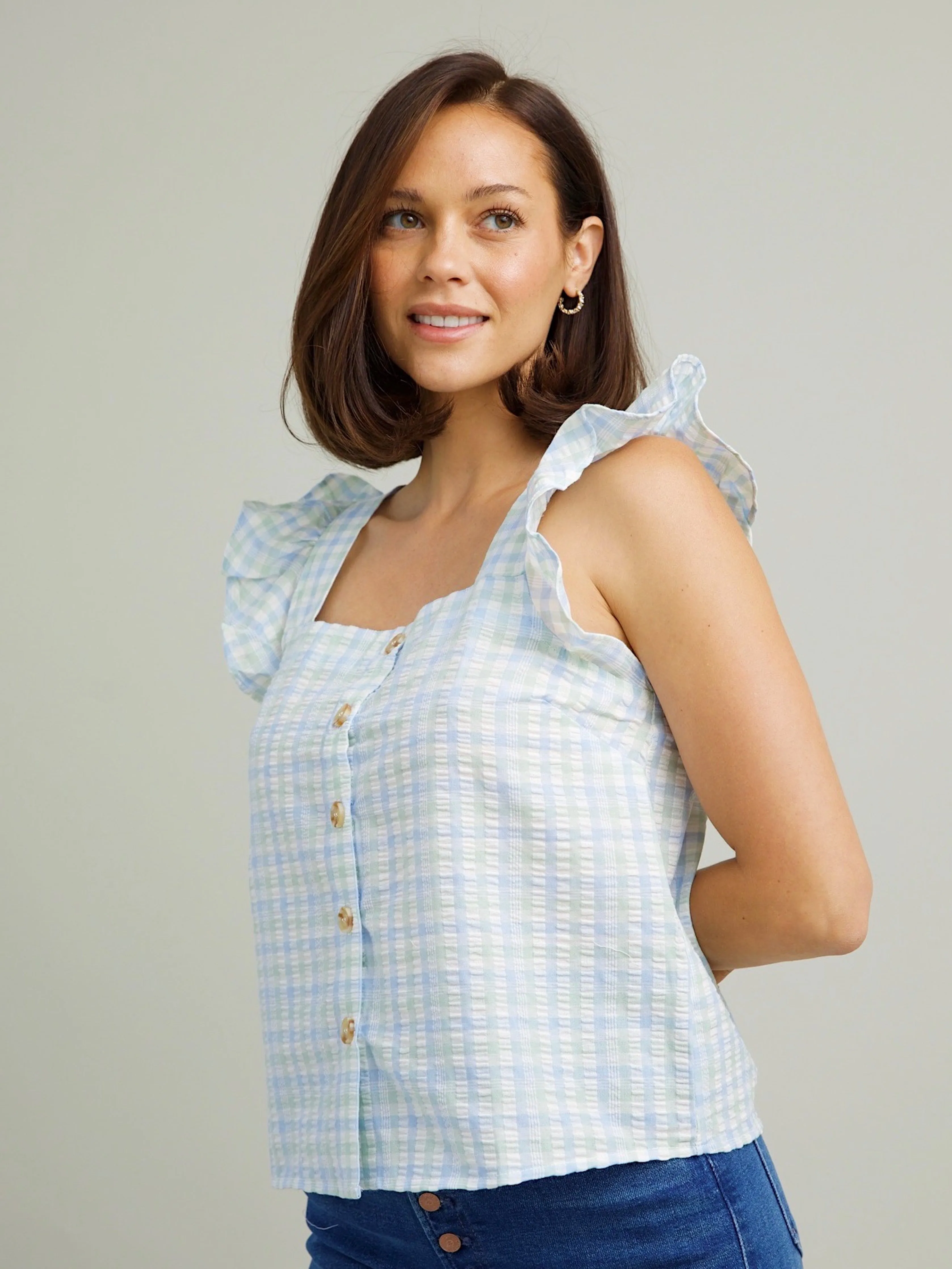 Contoured Armhole Design Gemma Plaid Top - Blue